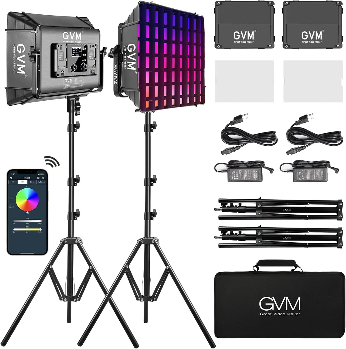 GVM RGB Photography Lighting Kits with 2 Softboxes, 880RS 60W Studio Lights with Bluetooth Control, 2 Packs Video Light with 18 Lighting Scenes, led Panel Lights for Video Recording, 8330lux/0.5M