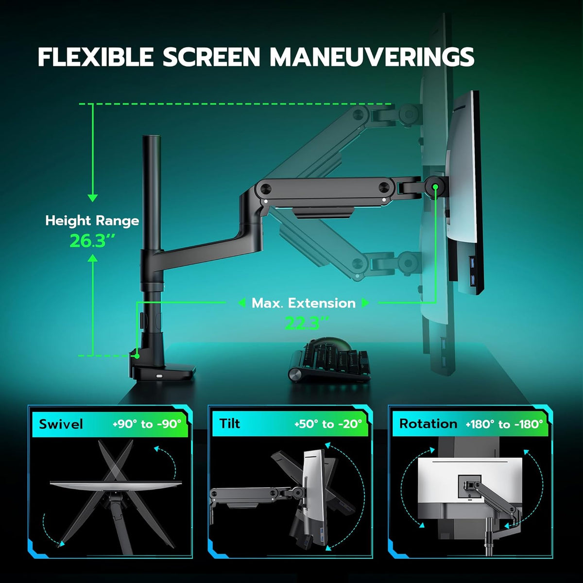 ARES WING Ultrawide Monitor Mount with USB A/C, with Extended Column for 17 to 49 inch Heavy Duty Monitor, Holds 44 lbs, Adjustable Gas Spring Desk Mount, Black