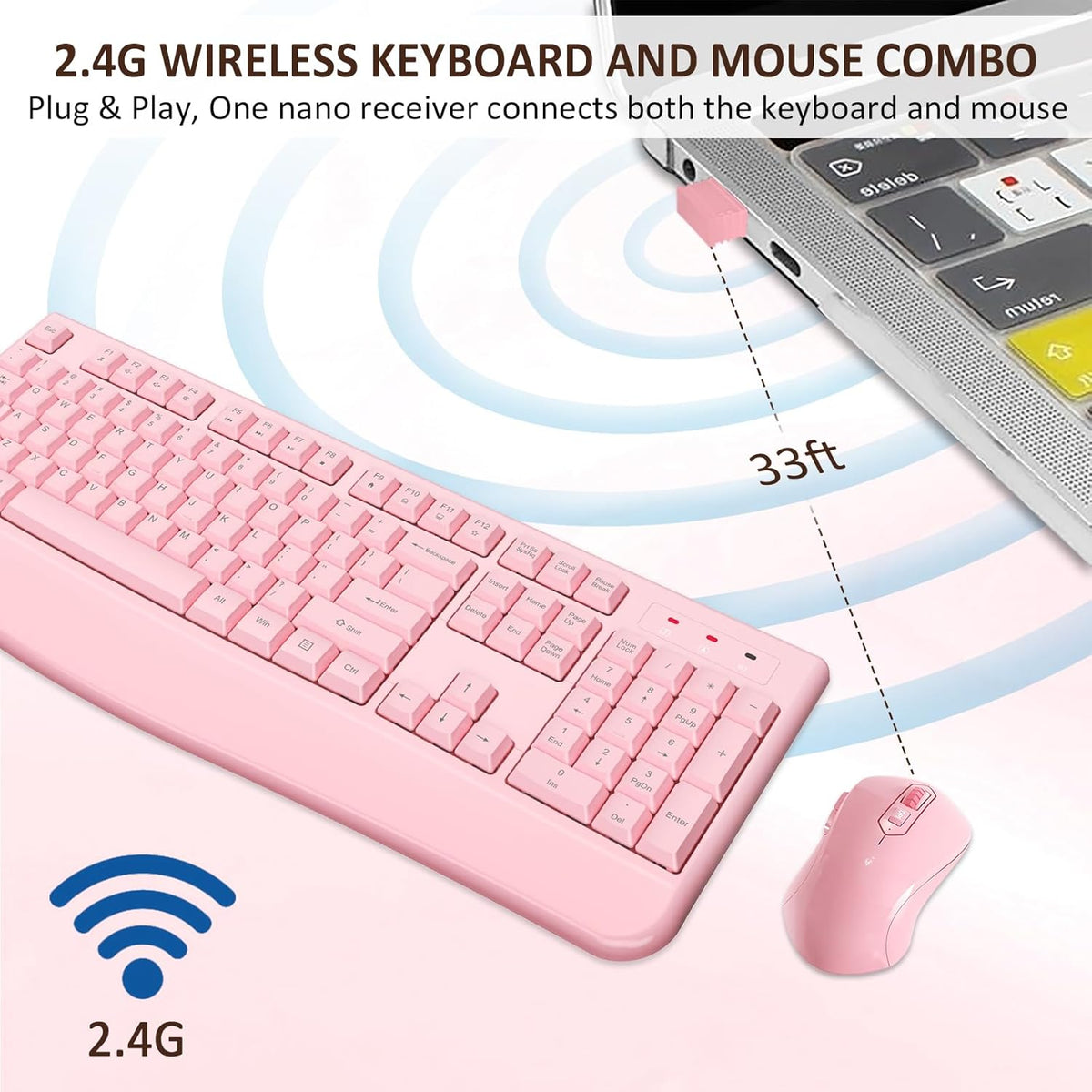 Wireless Keyboard and Mouse Combo, EDJO 2.4G Full-Sized Ergonomic Computer Keyboard with Wrist Rest and 3 Level DPI Adjustable Wireless Mouse for Windows, Mac OS Desktop/Laptop/PC (Pink)