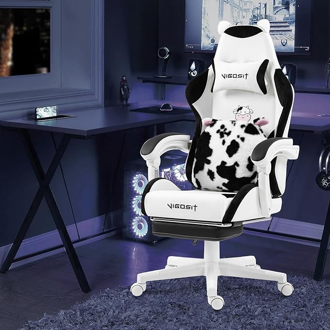 Cute Gaming Chair with Footrest - Ergonomic Computer Chair Cow Print Design High Back PU Leather Office Chairs with Lumbar Support for Adults