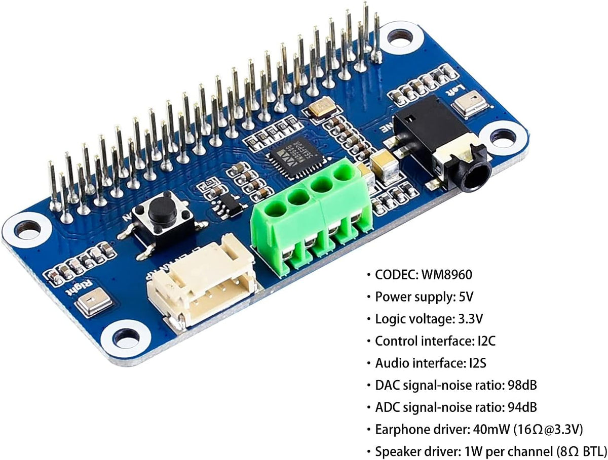 WM8960 Hi-Fi Sound Card HAT for Raspberry Pi 4B/3B+/3B/2B/B+/A+/Zero, Stereo CODEC Play/Record