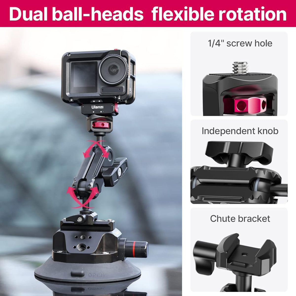 ULANZI SC-02 Suction Mount 4.5'', Magic Arm Bracket for DSLR Cameras Action Camera Video Shooting Filming, Compatible with DJI OSMO Pocket 3/Insta 360 x5/OSMO 360/Sony/Canon/Nikon/Fuji Action Cameras
