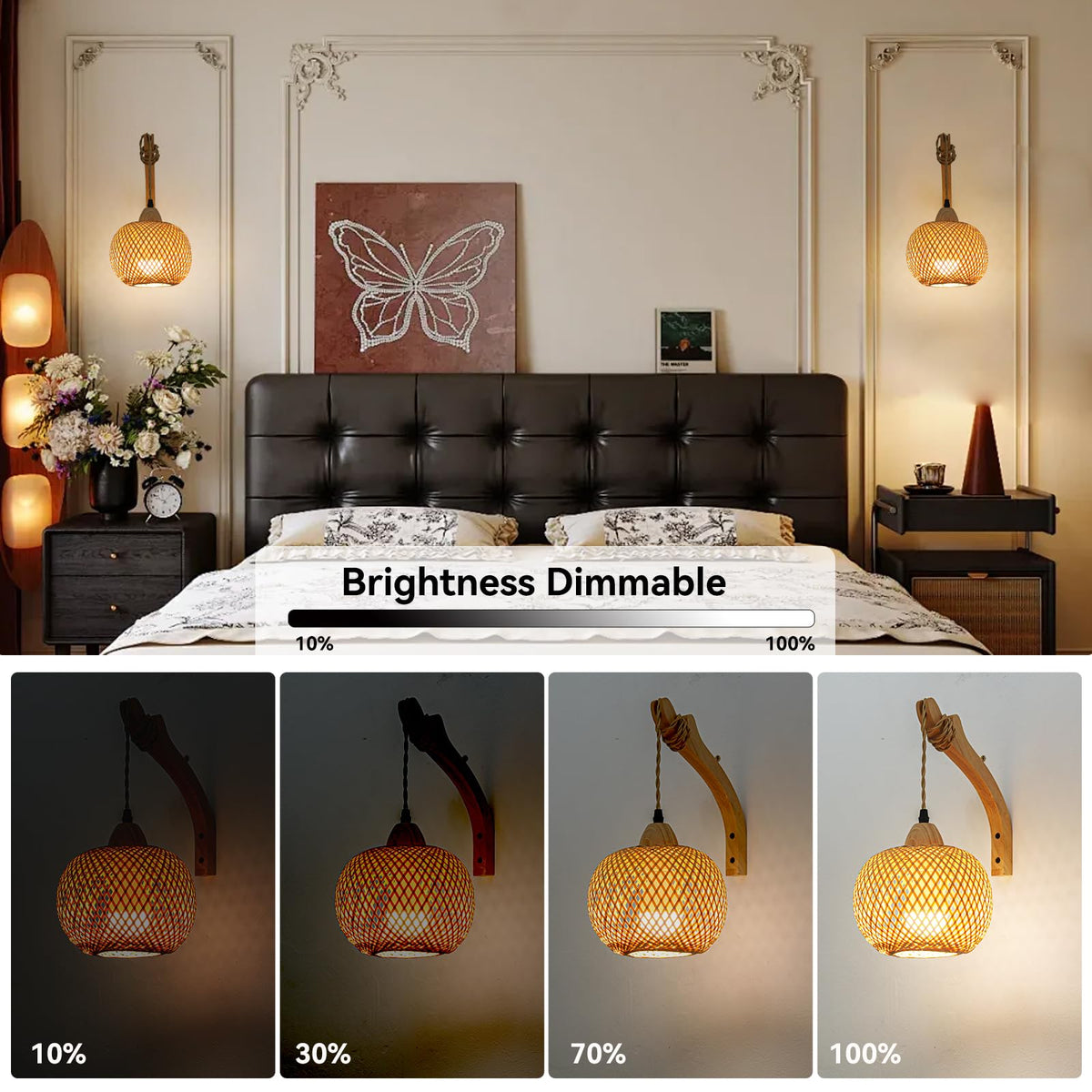 Rizzyluz Battery Operated Wall Sconces Set of 2 with Remote, Boho Bamboo Rechargeable Rattan Wall Lights, Wireless Wall Lighting Fixtures for Bedroom