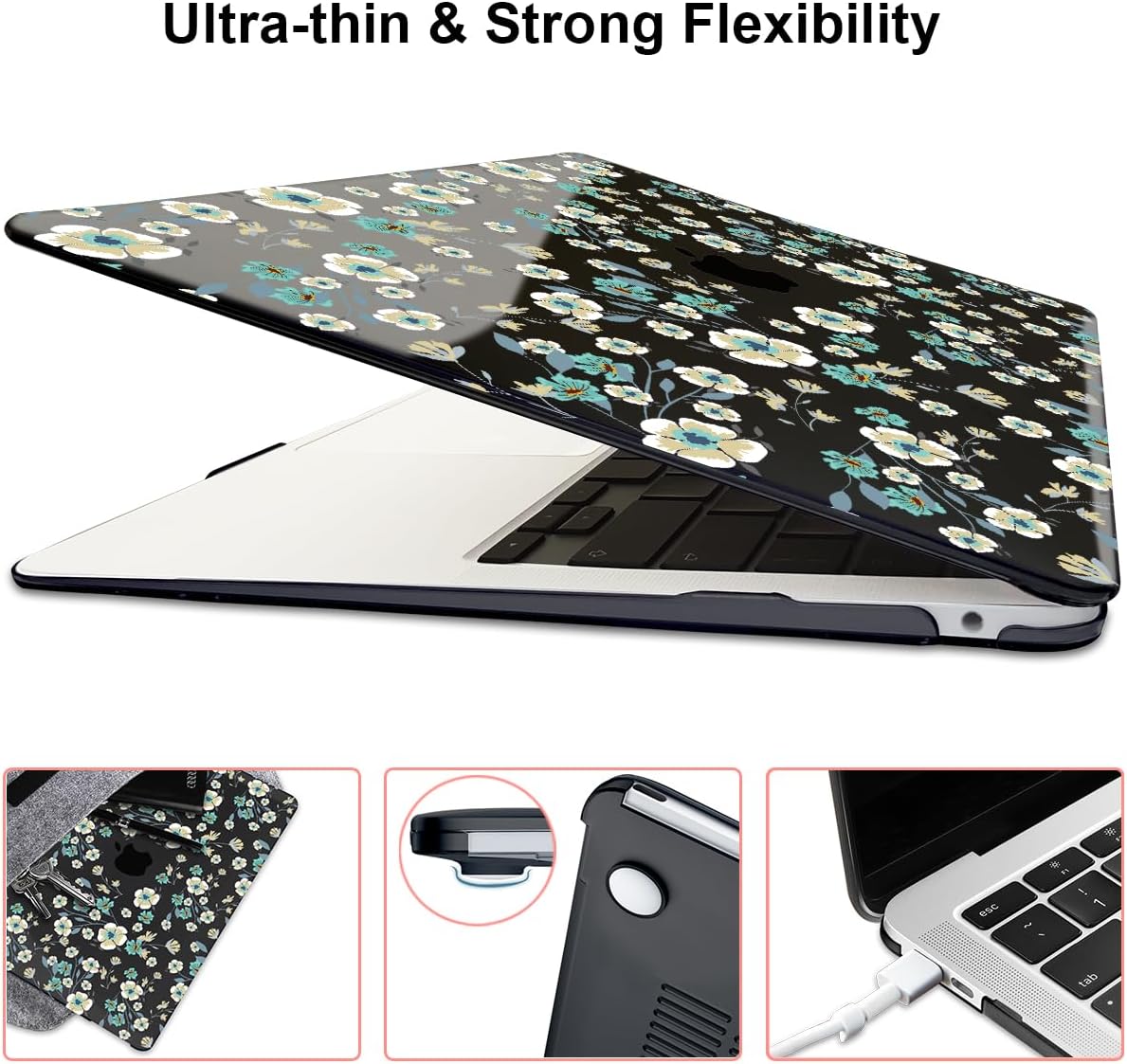for MacBook Air 13 inch Case 2021 2020 2019 2018 Release M1 A2337 A2179 A1932, Pritned Pattern Plastic Hard Case Cover for MacBook Air 13 M1 with Retina Display Touch ID, Small Green Flowers