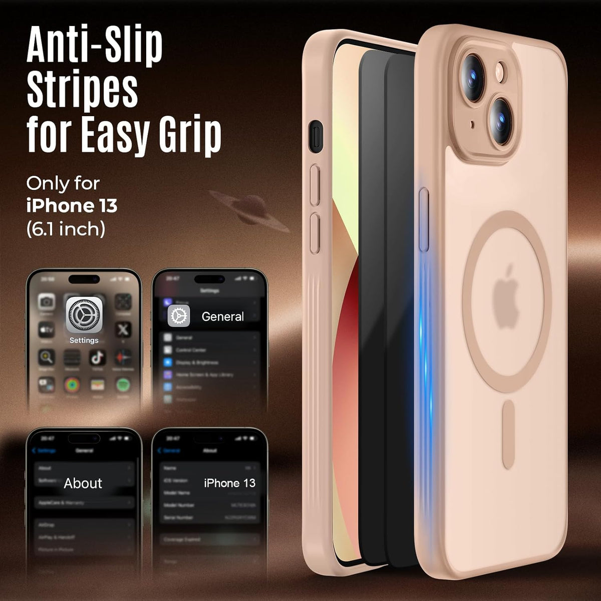 Designed for iPhone 13 Case, Compatible with MagSafe, with Privacy Screen Protectors X2, [Camera Protection] [15FT Military Drop Protection] Shockproof Phone Case, 6.1", Light Brown