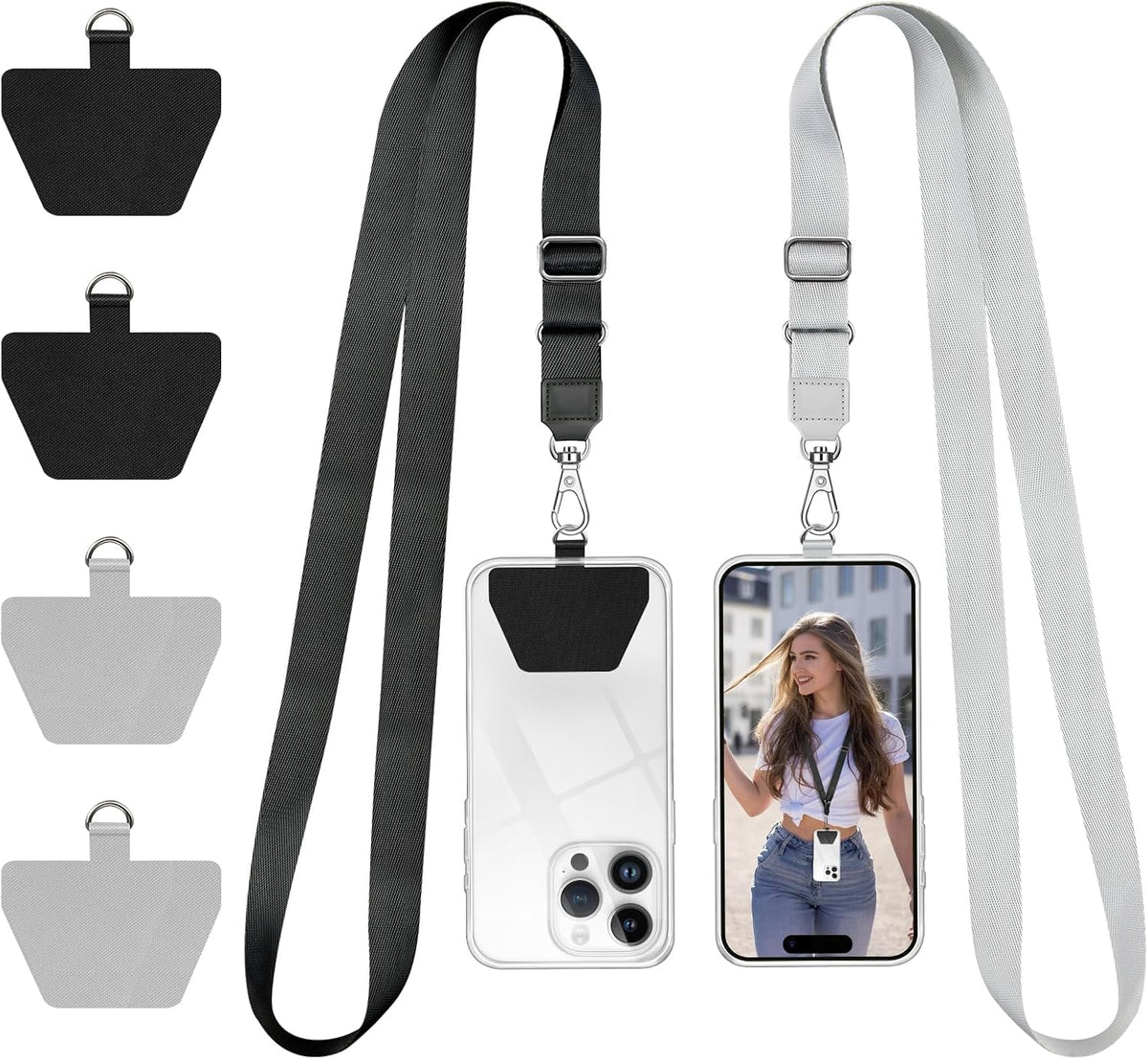 Doormoon Phone Strap Crossbody, Wrist Straps with Patch Cases Cell Phone Lanyards for Women Drop Protection Compatible with iPhone, Samsung, Google & Most Smartphones, 2 Pack, Black Grey