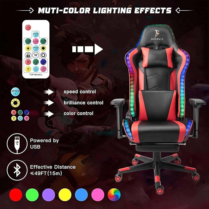 TBQATNTS Gaming Chair Computer Chair with Footrest and Lumbar SupportRGB Computer Chair with Massage Function and SpeakersHeight Adjustable Game Chair for Office or GamingRed