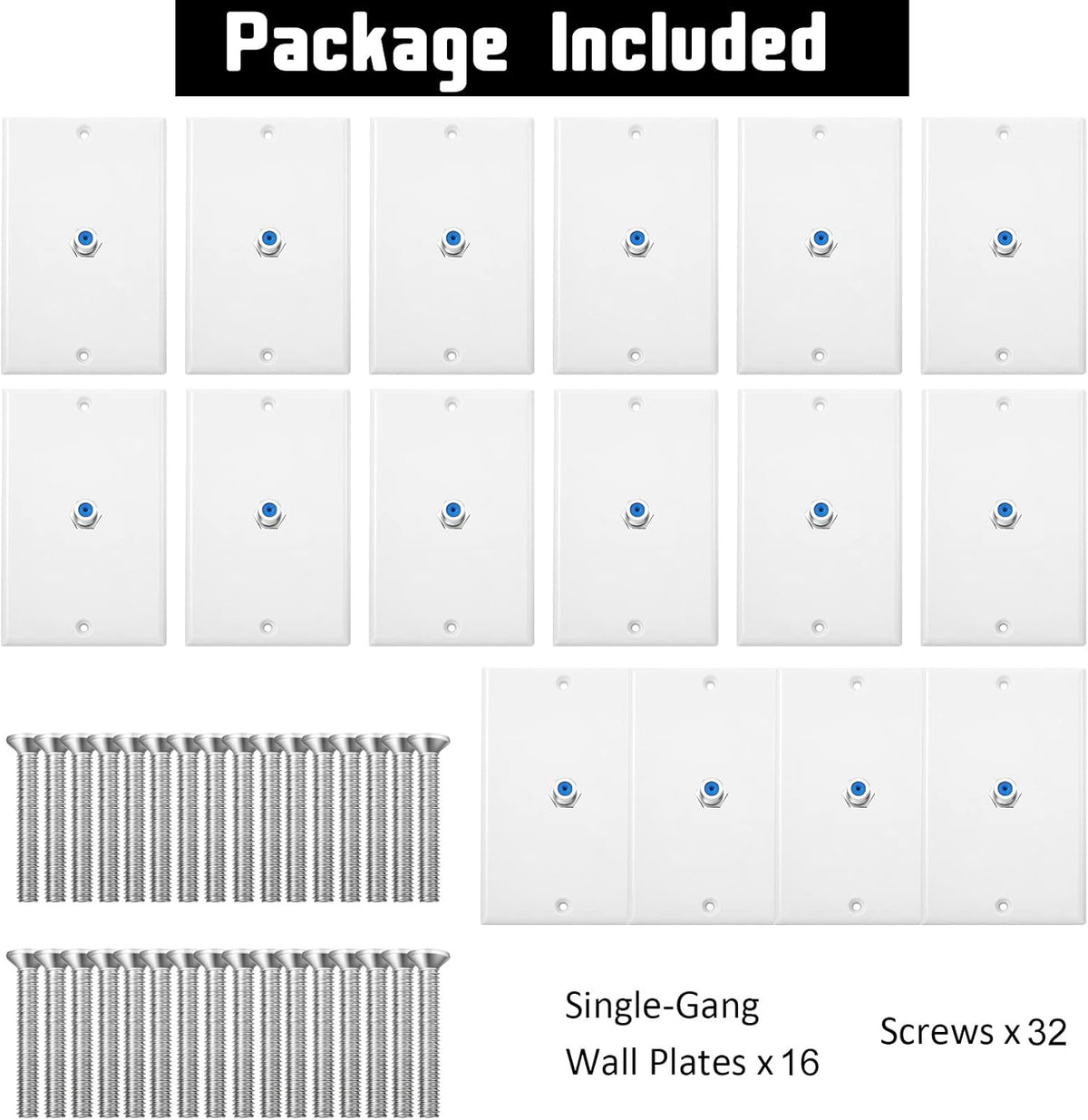 1-Port TV Cable Wall Jack F Connector Coax Video Jack Single Gang Wall Plates (Blue, 16 Pcs)