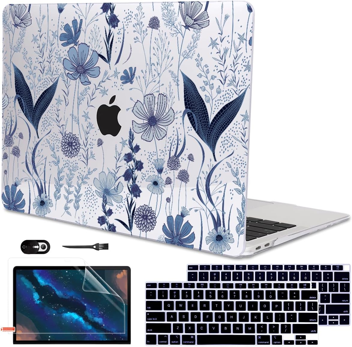 Compatible with 2018 2019 2020 2021 MacBook Air 13 inch Case M1 A2337 A2179 A1932, Clear Printed Pattern Hard Shell Case & Keyboard Cover for Mac Air 13 M1 Touch ID, Navy Blue Wild Flowers