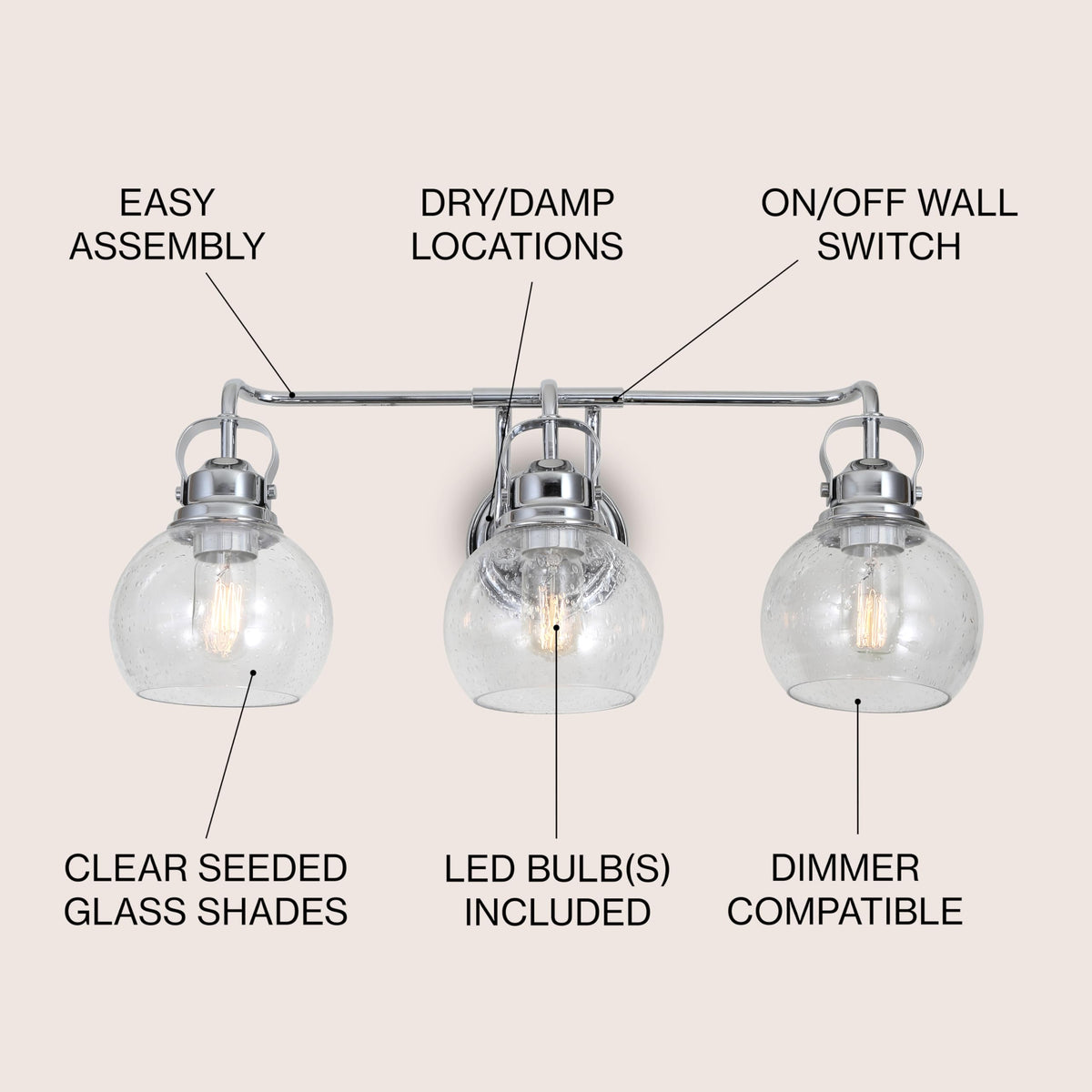 JONATHAN Y 24" Chrome Shirley 3-Light Bathroom Vanity Light, Metal Wall Sconce, Clear Seeded Glass Shade, Modern Transitional Farmhouse Fixture, LED