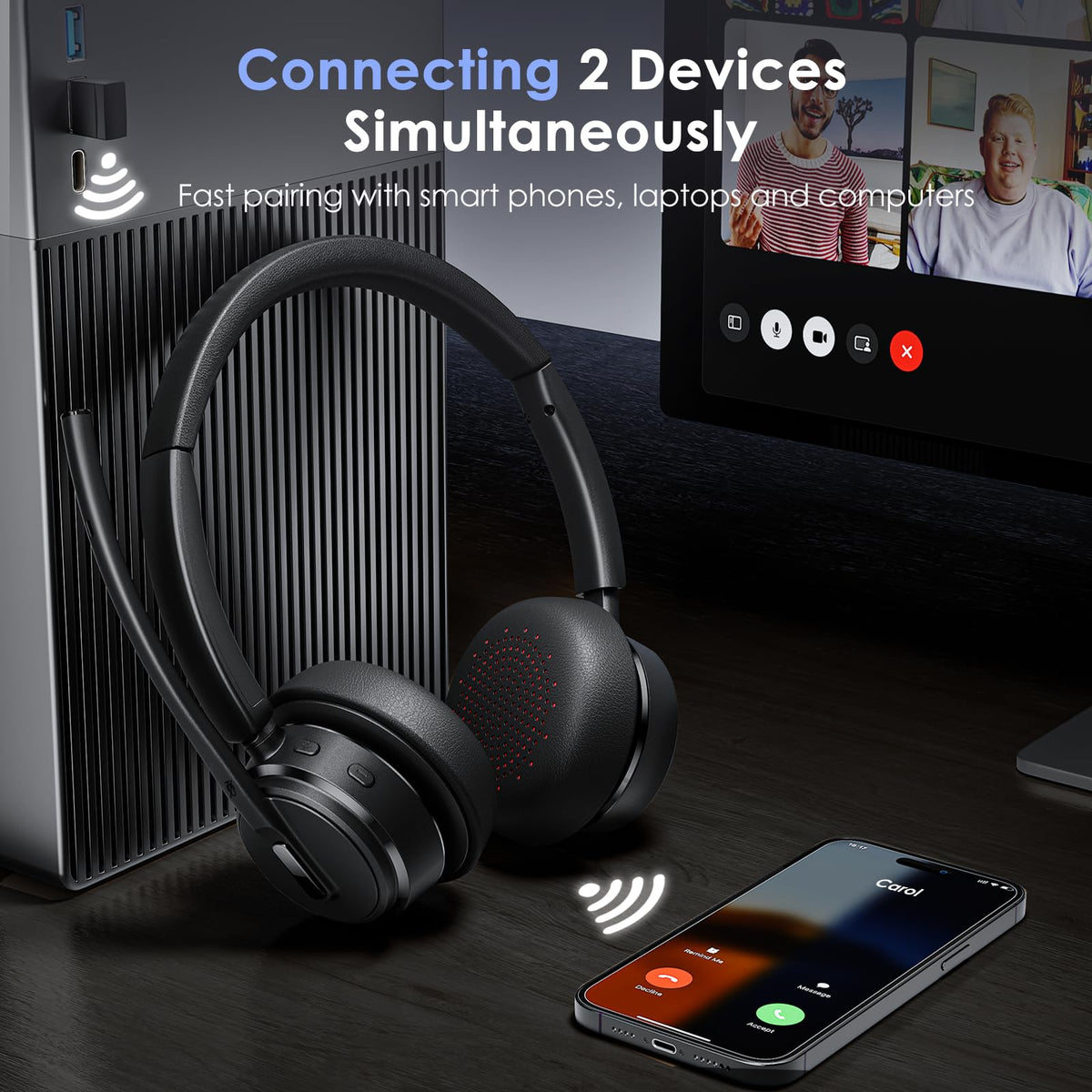 Mopchnic Wireless Headset with Noise Cancelling Microphone, On-Ear Bluetooth Headset with USB Dongle, Mute Function & Charging Base, Wireless