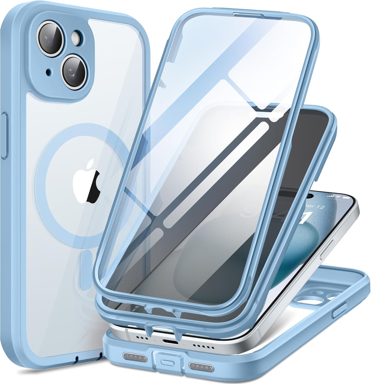 TIESZEN Sky Blue Magnetic iPhone 15 Case: Magsafe compatible, dustproof, 9H tempered glass, privacy protector, upgraded