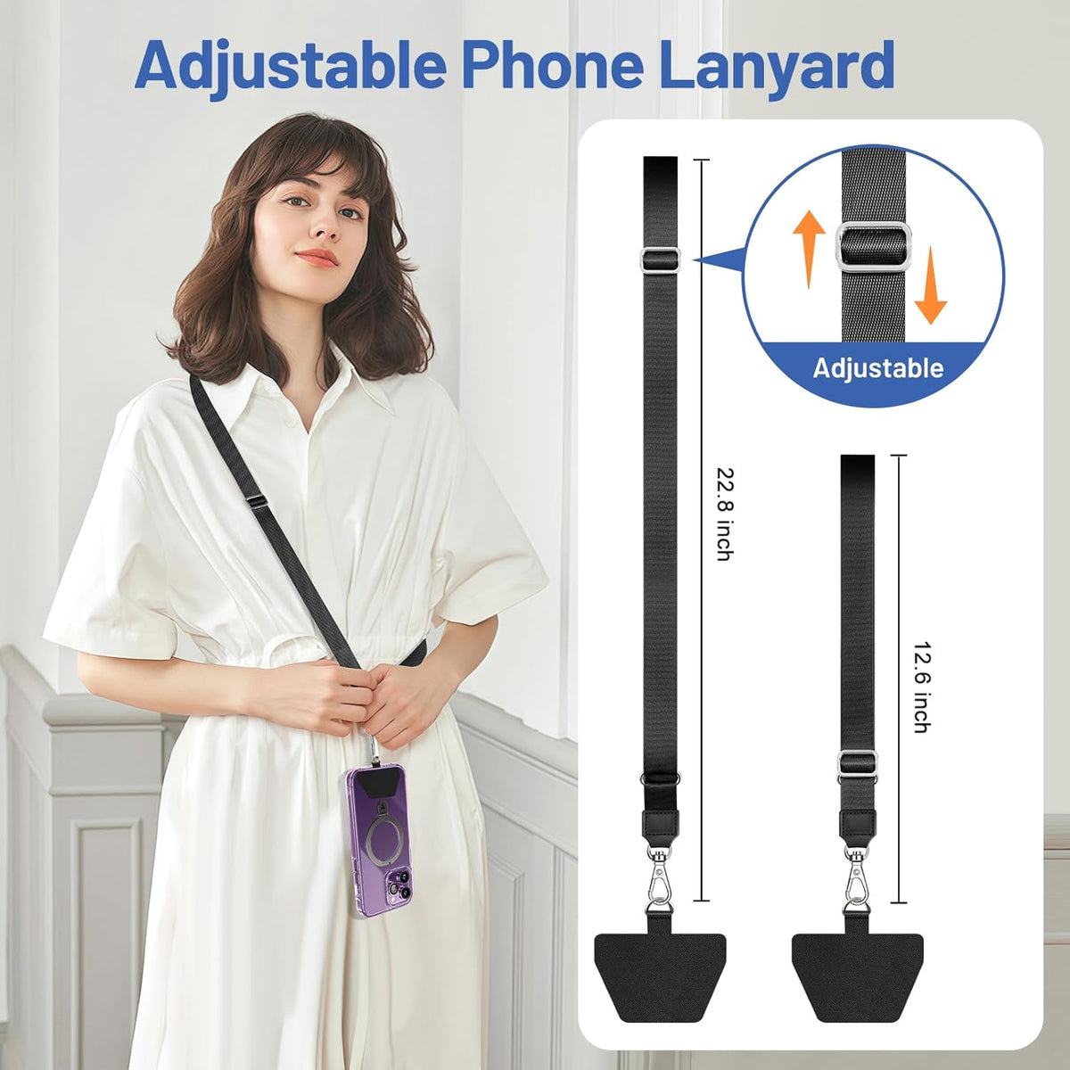 Doormoon Phone Strap Crossbody, Wrist Straps with Patch Cases Cell Phone Lanyards for Women Drop Protection Compatible with iPhone, Samsung, Google & Most Smartphones, 2 Pack, Black Grey