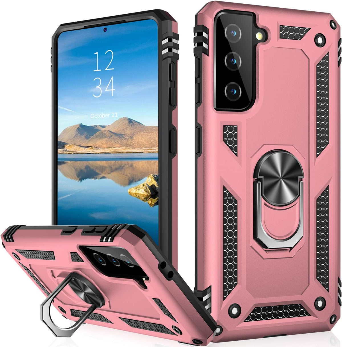 IKAZZ Rose Gold Case for Galaxy S21 Plus, Military Grade Shockproof Heavy Duty Phone Cover with Magnetic Kickstand