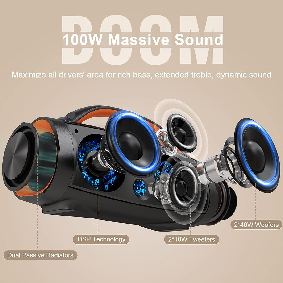 DOSS Extreme Boom Pro Bluetooth Speaker with 100W Stereo Sound, Rich Bass, IPX6 Waterproof, 20H Playtime, Power Bank, Mixed Color Light, Portable for Outdoor, Camping, Beach - Orange