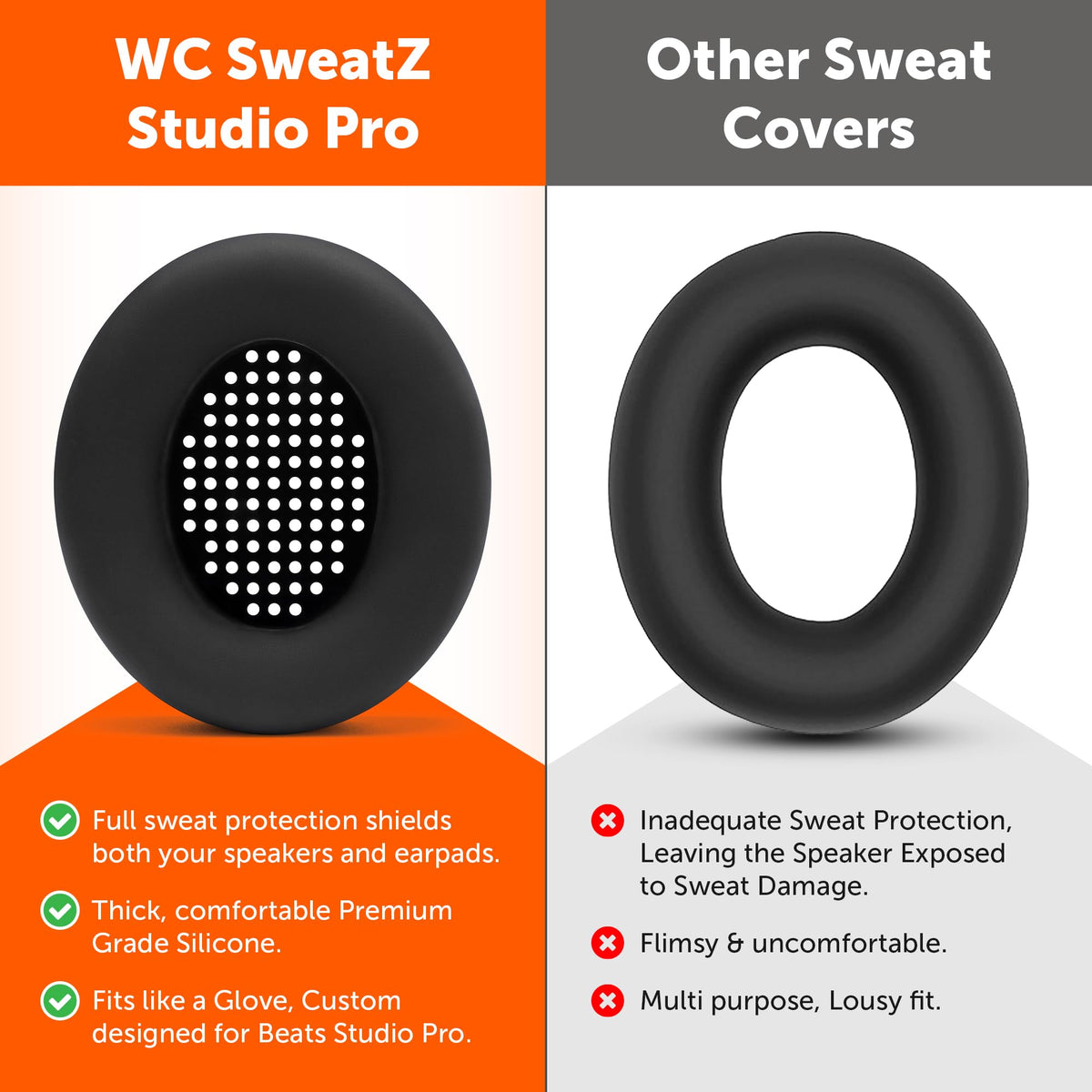 WC SweatZ Studio Pro - Patented Protective Silicone Earpad Covers for Beats Studio Pro Made by Wicked Cushions | Sweatproof & Easily Washable | Black