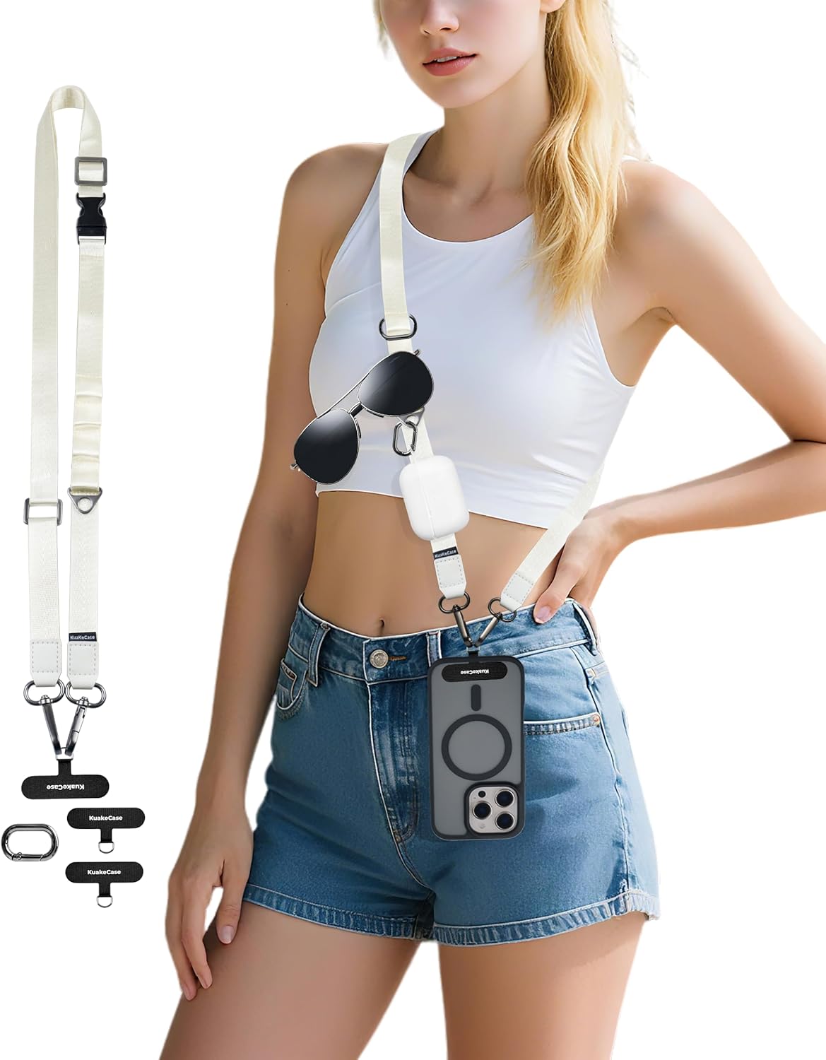 Phone Lanyard Crossbody, Adjustable Anti-Theft Neck Strap with 2 Patches, Durable & Skin-Friendly, Universal CellPhone for iPhone & Android Case, Travel Essential, Beige