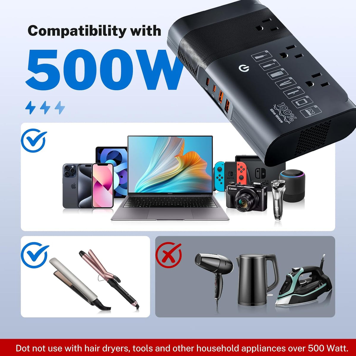 DOACE 500W Pure Sine Wave Voltage Converter, 220V to 110V European Travel Plug Adapter Converter, International Travel Transformer for US to Most Europe，UK, AU, EU, IT with 3 US Outlets & 4 USB, BLACK