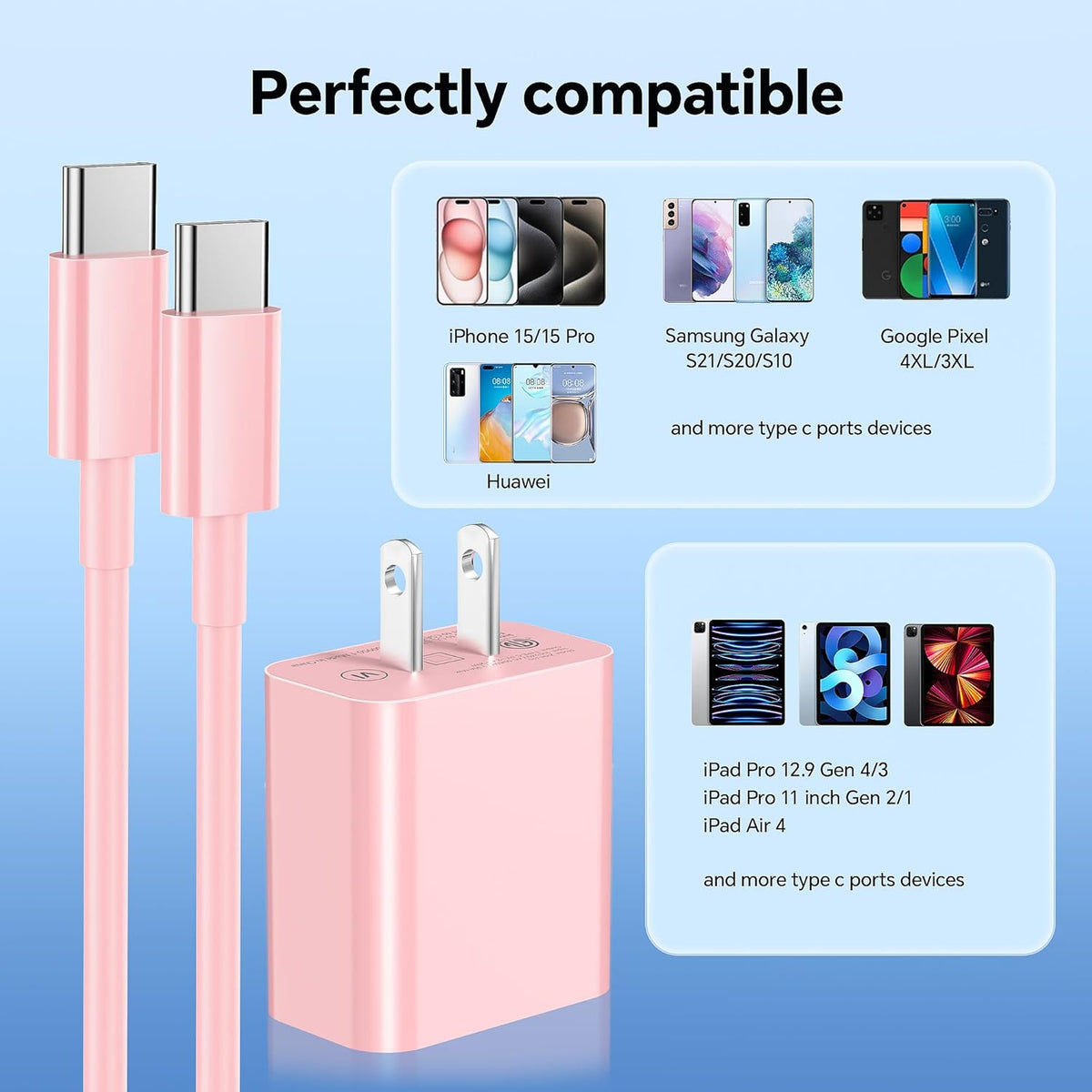 for iPhone USB C Charger Fast Charging, 3Pack 20W USB C Block with 60W USB C to C Cable 6FT, Pink