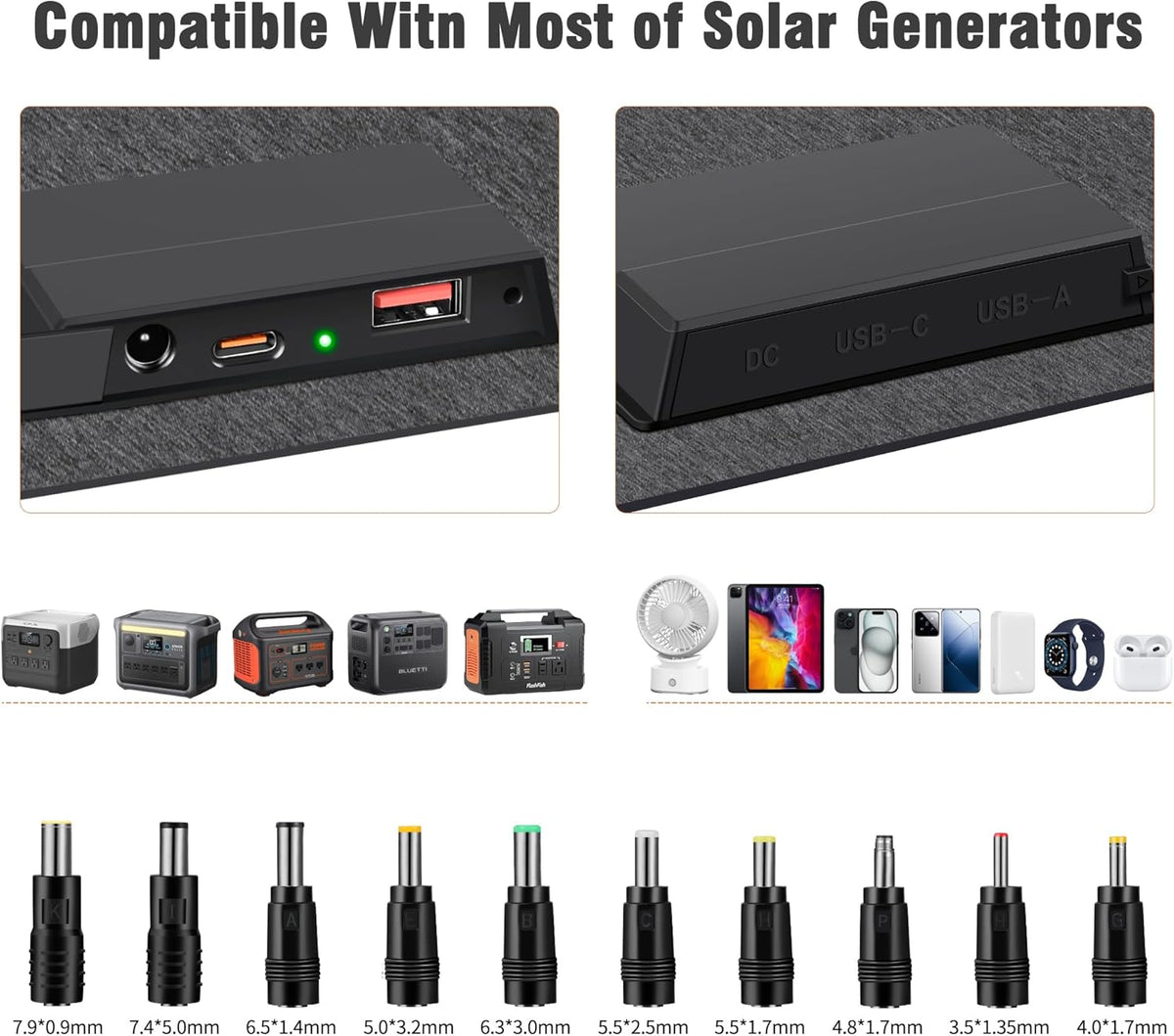 N-Type 16BB 60W Portable Solar Panels NextGen Foldable Solar Panel Charger Kit 25% Efficiency with DC USB-C USB-A Output ETFE IP68 Waterproof Solar Panel for Travel Outdoor Camping RV Trip