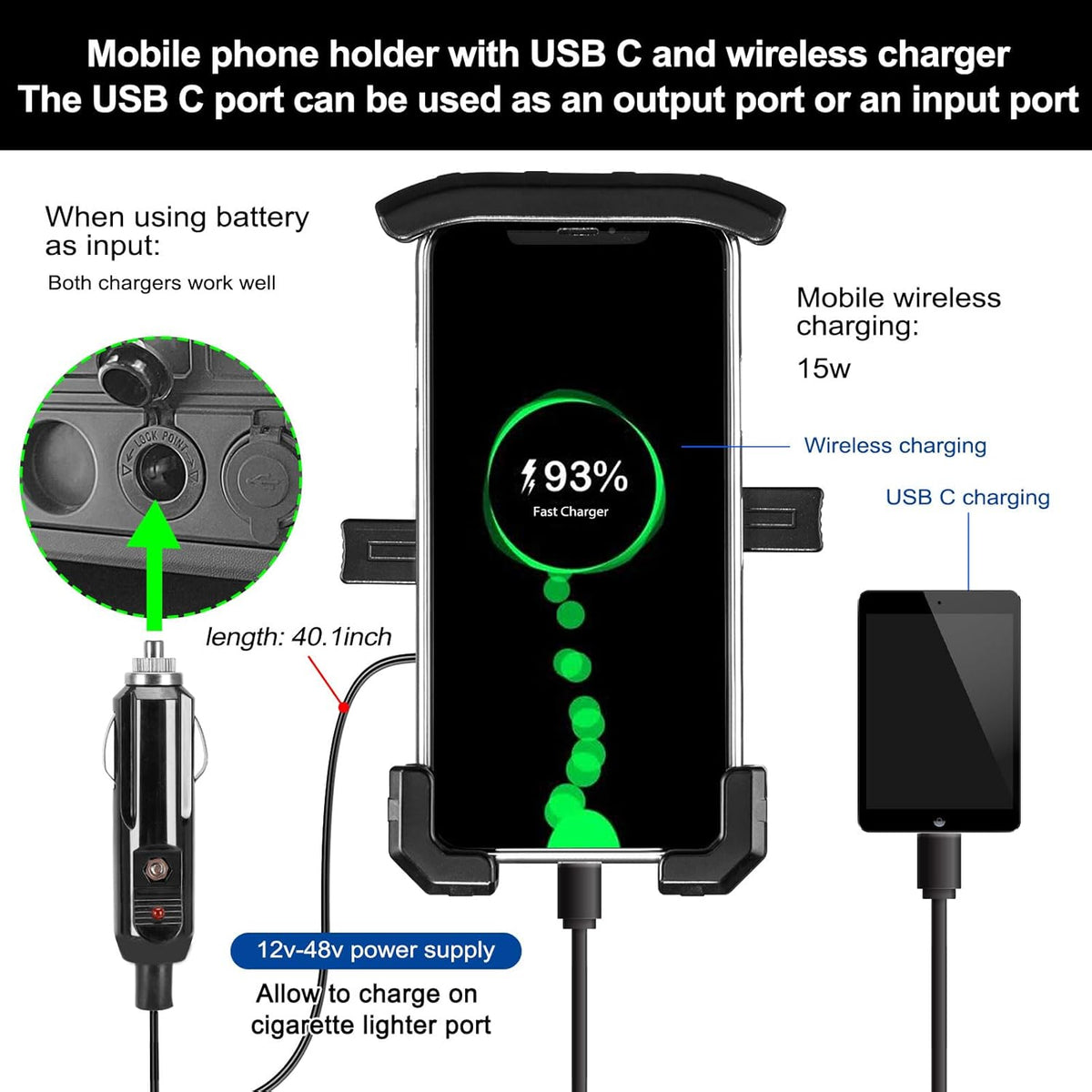 Roykaw Golf Cart Phone Mount Holder - Qi 15W Wireless & Type C 20W Fast Charging for iPhone/Galaxy/Google Pixel