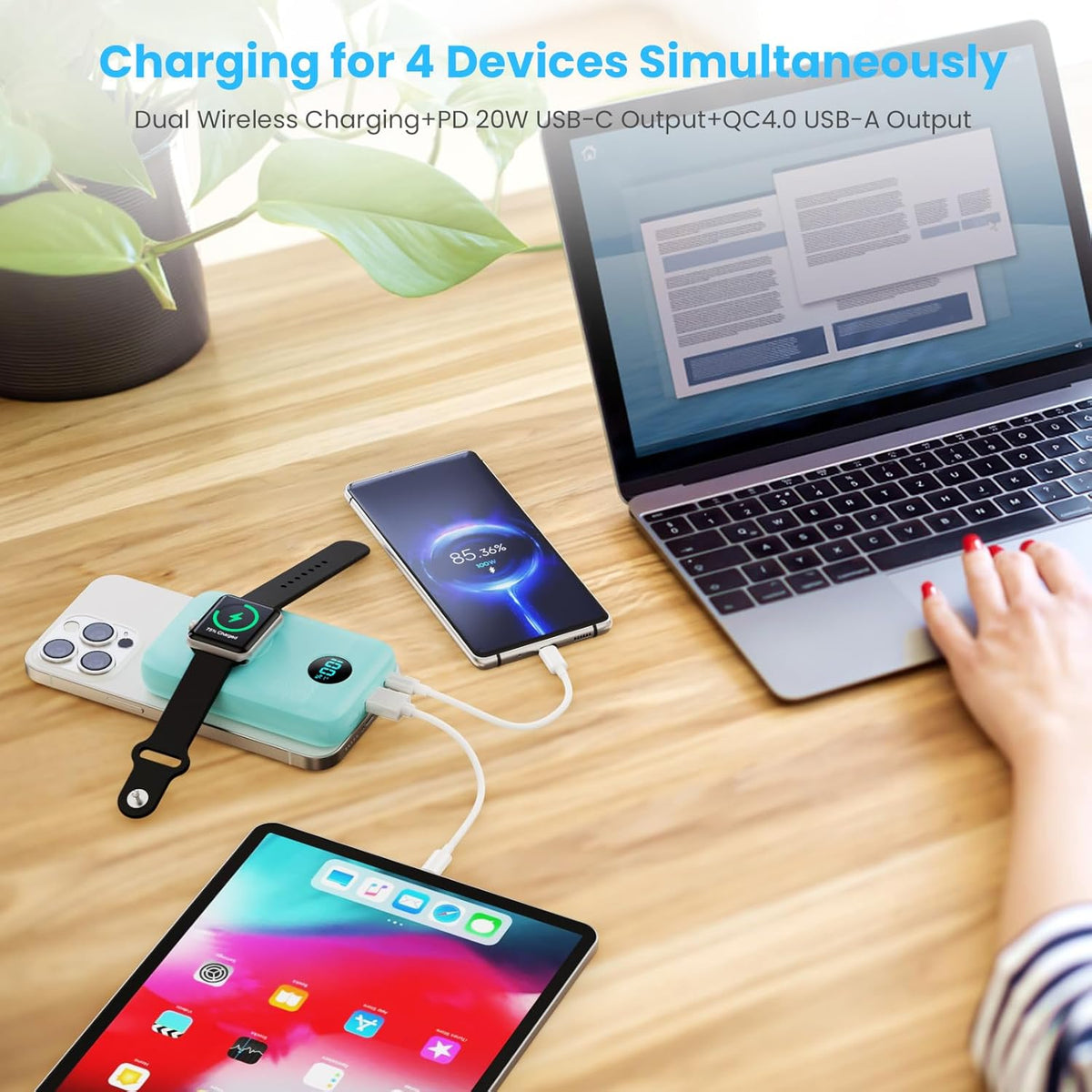 Magnetic Portable Charger 10800mAh,4-in-1 Wireless Power Bank with iWatch Charger, QC4.0+20W PD Fast Charging USB C Battery Pack with LCD Display for Magsafe,iPhone 16/15/14/13/12 Series, Green