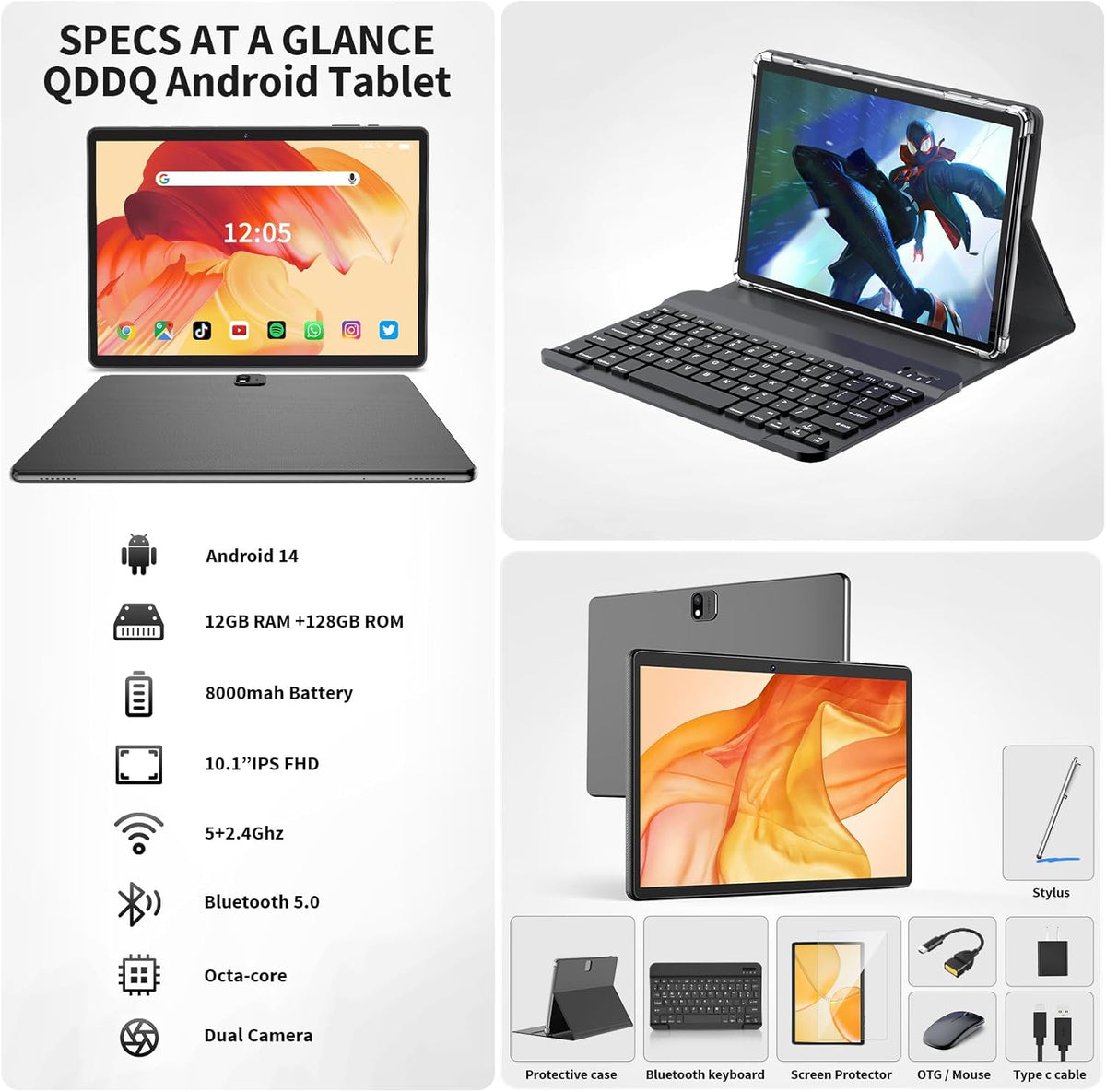 Android Tablet with Keyboard, Android 14 Tablet, 12(6+6) GB+128GB, 1TB Expand, 2 in 1, Mouse, Stylus, 8000mAh Battery, 2.4G/5G WiFi, GPS, Certified, Black Case