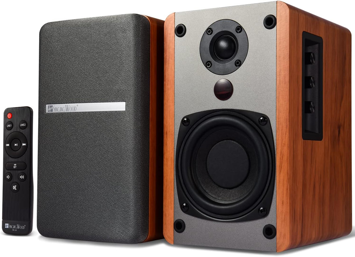 SINGING WOOD BT25 (2024 Version) Bluetooth Active Bookshelf Speakers for with Optical Aux inputs Subwoofer Line Out for PC, TVs, Turntable, Wooden Enclosure,80W - Beach Wood