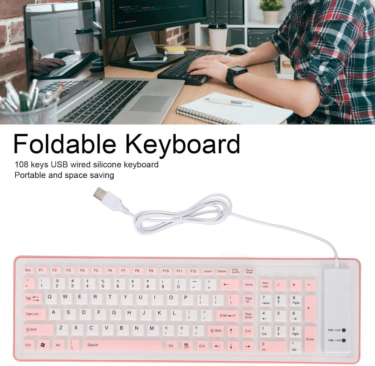 Foldable Silicone Keyboard, 103 Keys Wired Bluetooth Waterproof Rollup Keyboard, Mute Flexible Soft Rubber for PC
