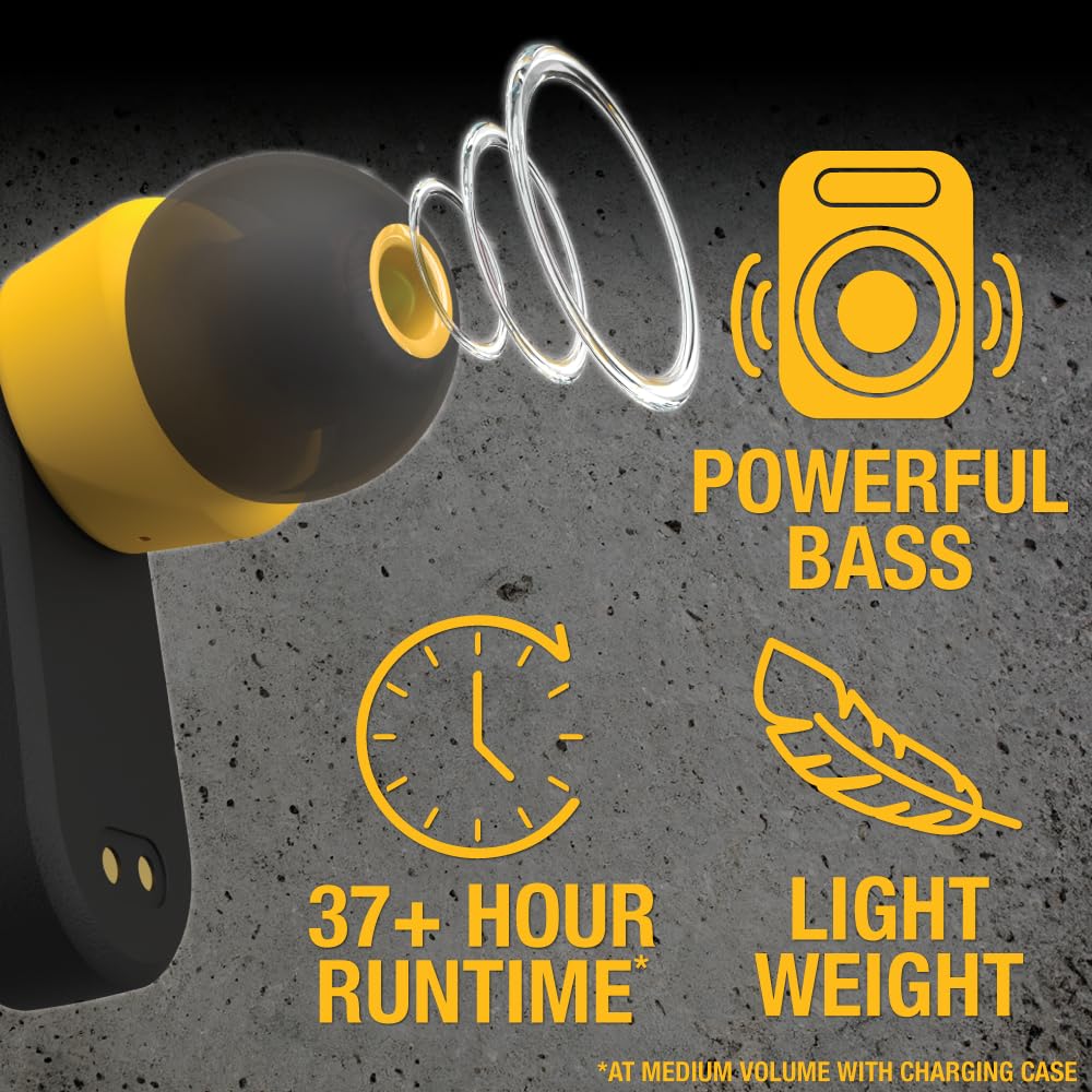 DEWALT Heavy Duty True Wireless Ear Buds, Bluetooth Headphones with Type C Charging Case Included, Over 37 Hours of Battery Life, Easy Setup