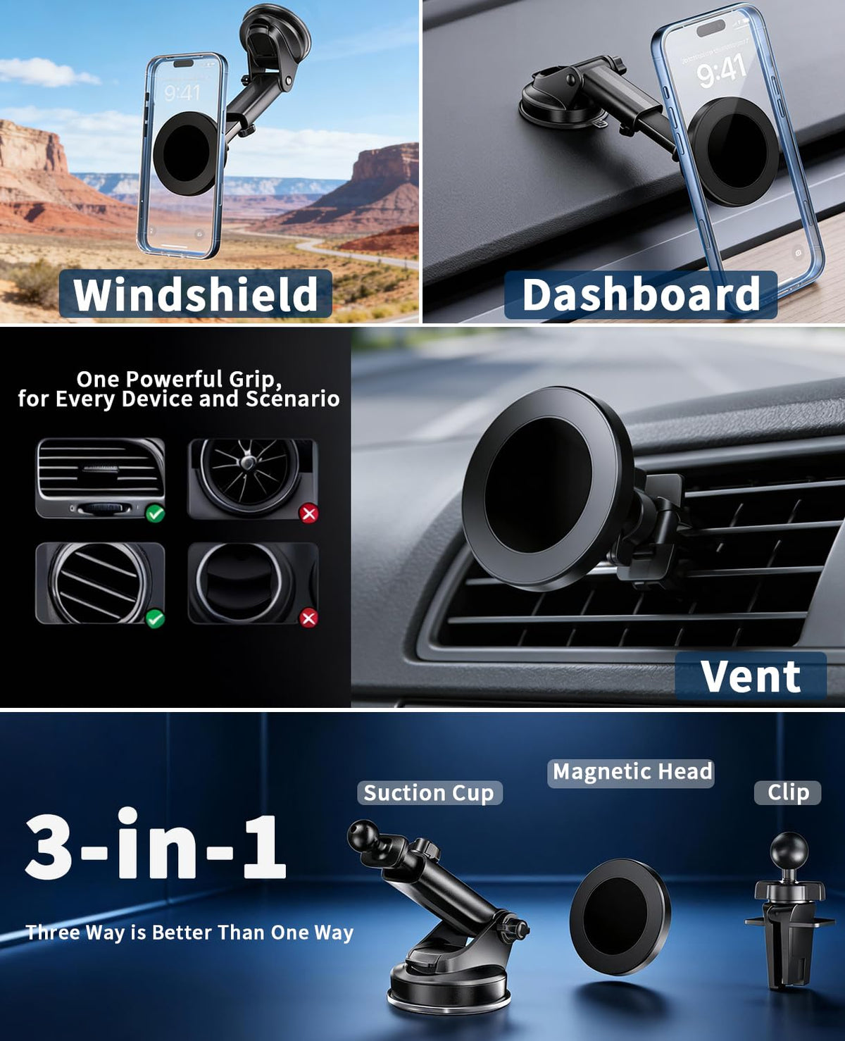 RayLink for Military-Grade Car Phone Mount?122+lbs Hold & Auto-Snap? for MagSafe?2-in-1 Mount Included? Magnetic Phone Holder for Car Truck Universal