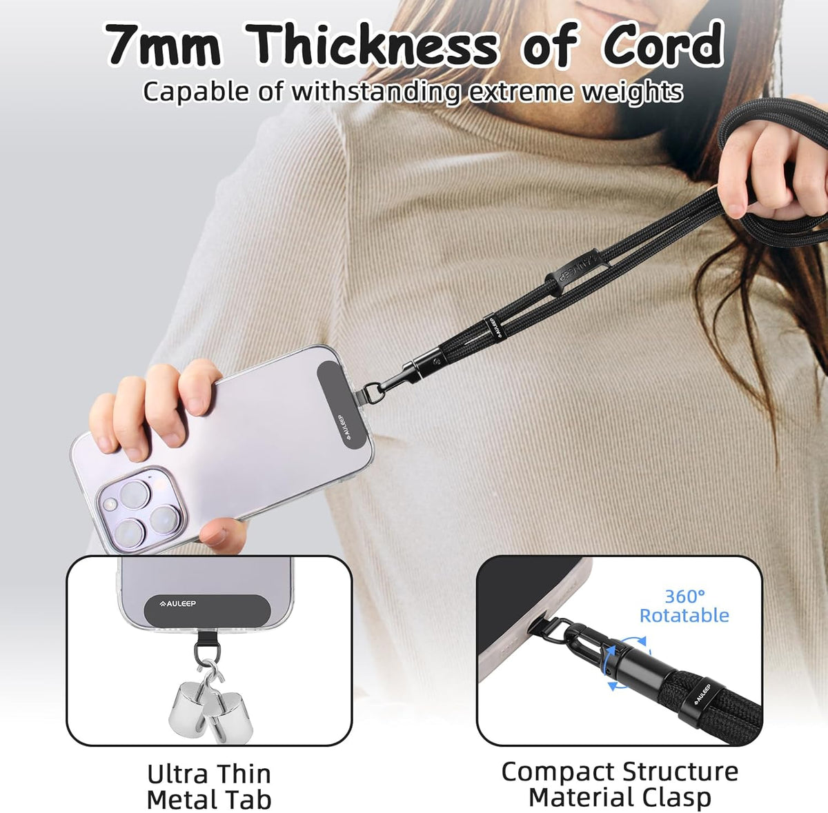 AULEEP Universal Phone Lanyard Corssbody, Anti-theft Phone Strap for Women and Men, Adjustable Cell Phone Neck Lanyard for all iPhone and Smartphone, with 2 Phone Tethers (Metal & Plastic), Black