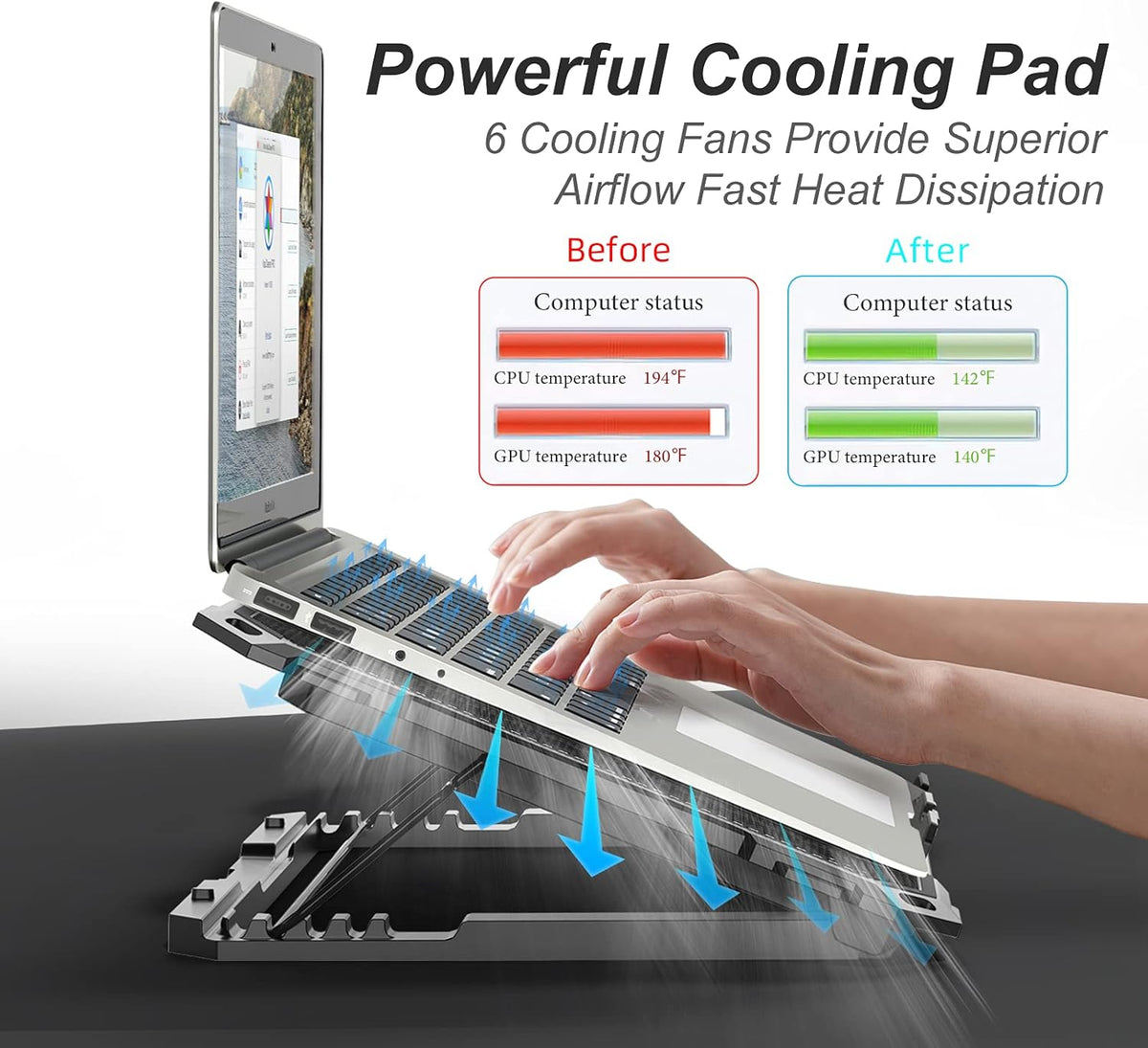 ICE COOREL Laptop Cooling Pad with 6 Cooling Fans, Cooling Pad for Laptop Fan 13-15.6 Inch, Laptop Cooler Stand with 6 Height Adjustable, Notebook Cooler Pad with Two USB Port