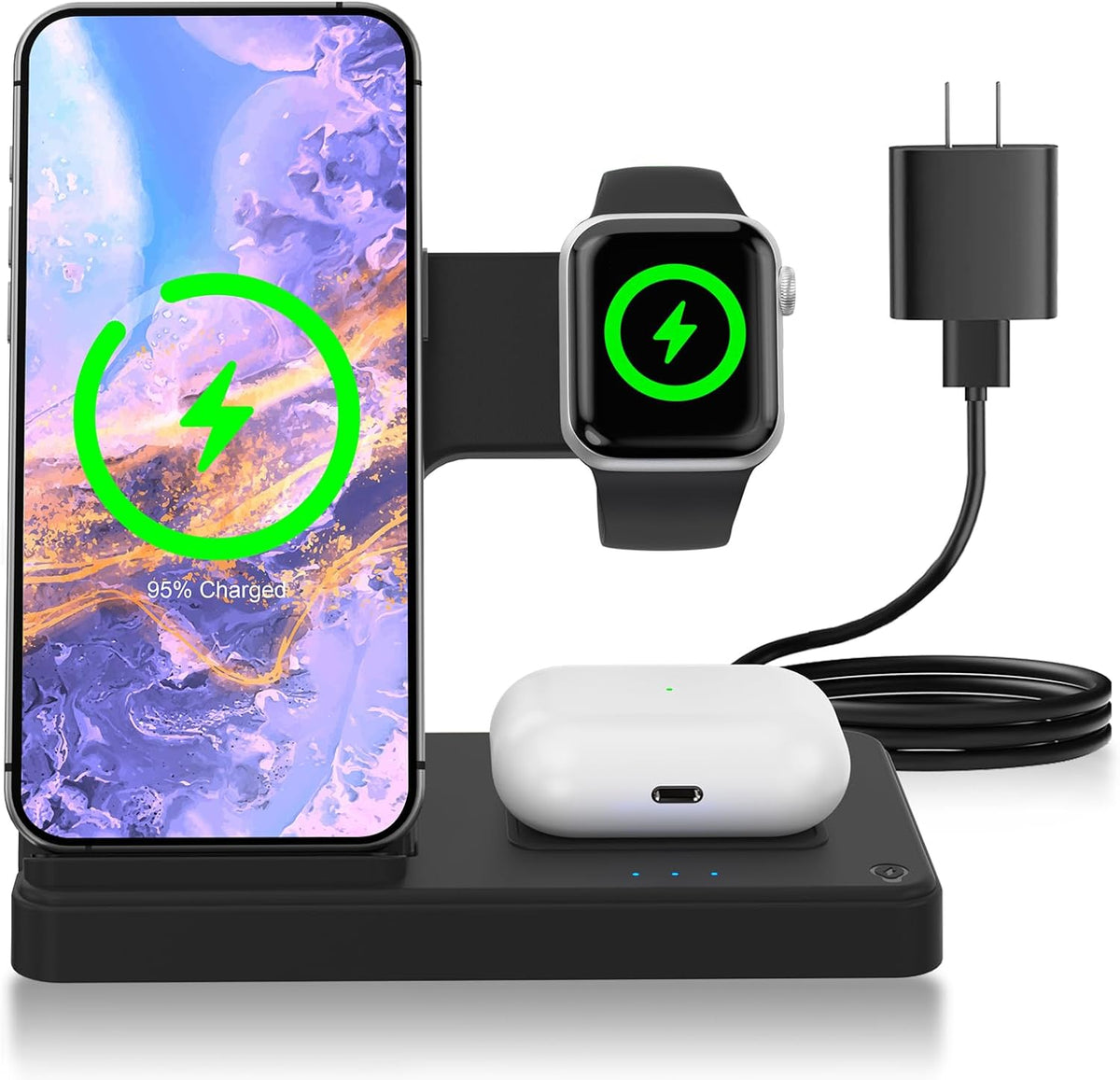 Charging Station Wireless Charger: 3-in-1 Charger Desk Stand Multiple Devices - for iPhone 16e 16 15 14 13 12 Pro Max - for Apple Watch and AirPods Ultra Series - Bedside Nightstand