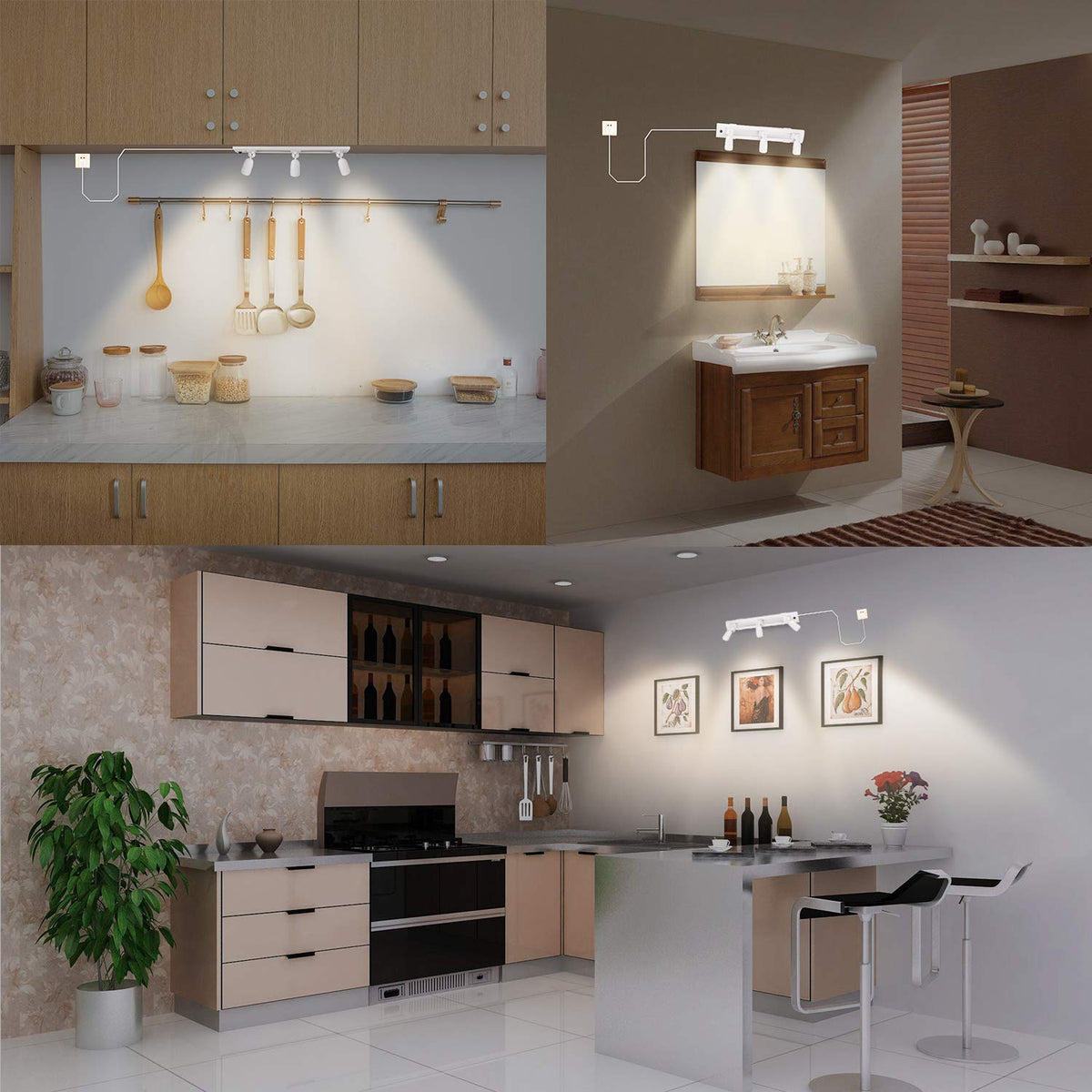 HONWELL Track Lighting LED Spotlights with 3 Rotatable Lights Heads, Under Cabinet Counter Lighting Plug in Accent Lights Remote Controlled Ceiling