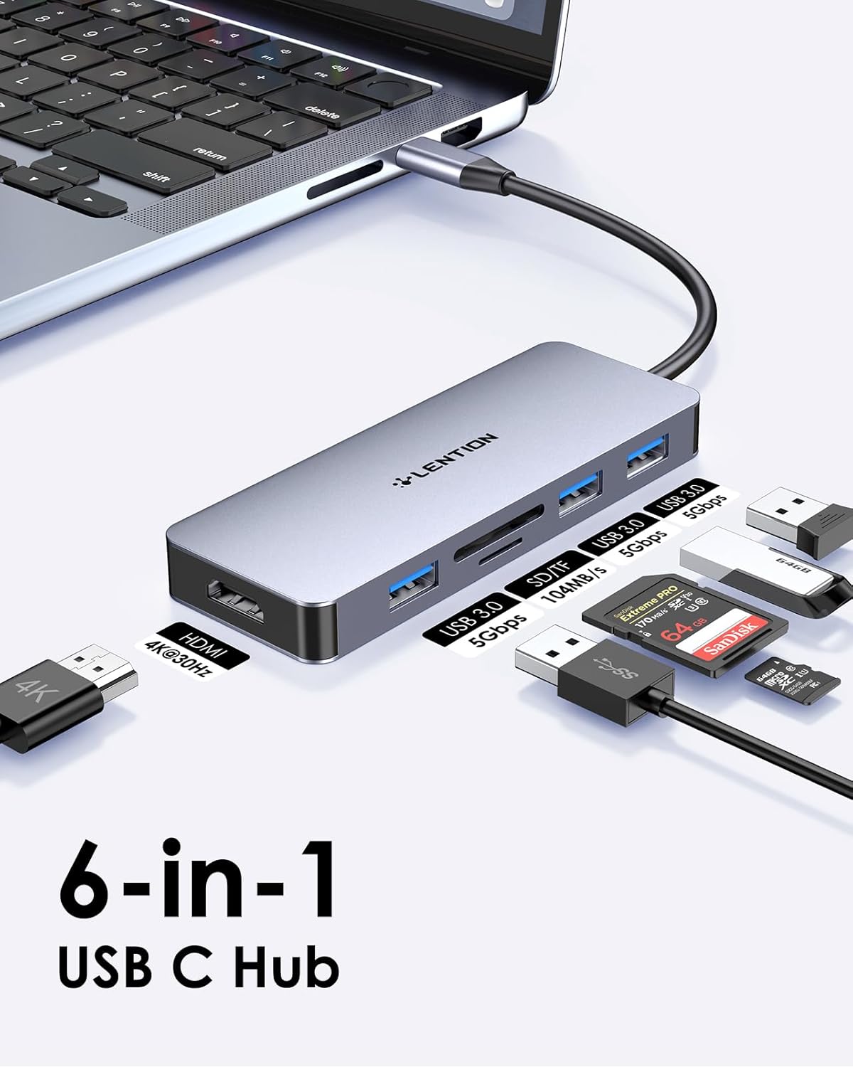LENTION USB C Hub with 4K HDMI - 3 USB 3.0, SD/Micro SD Card Reader for MacBook Pro & Air