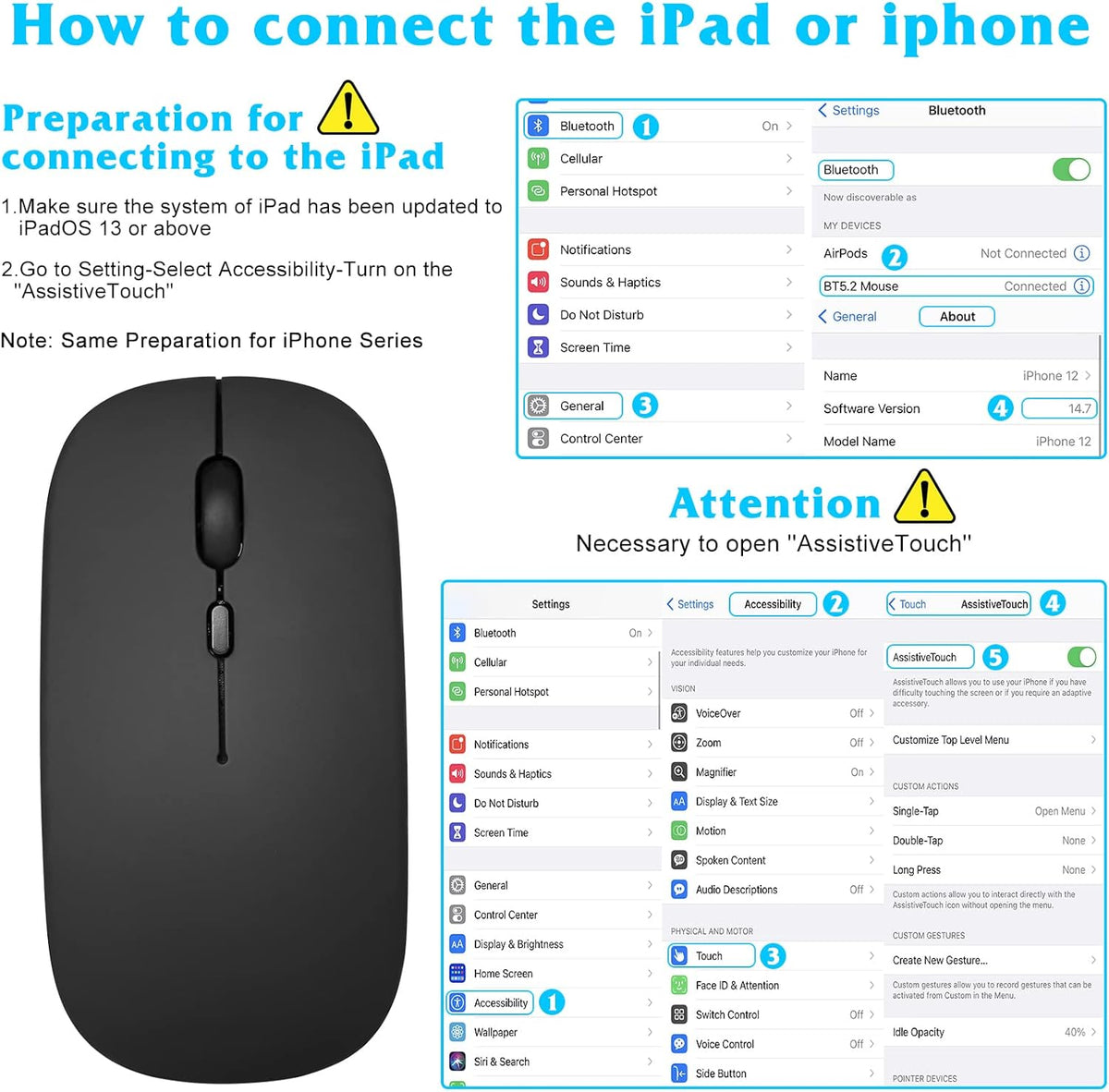Bluetooth Mouse, Rechargeable Wireless Mouse for Samsung Galaxy S22, S23 Ultra, S24, Designed for Laptop, PC, Mac, iPad