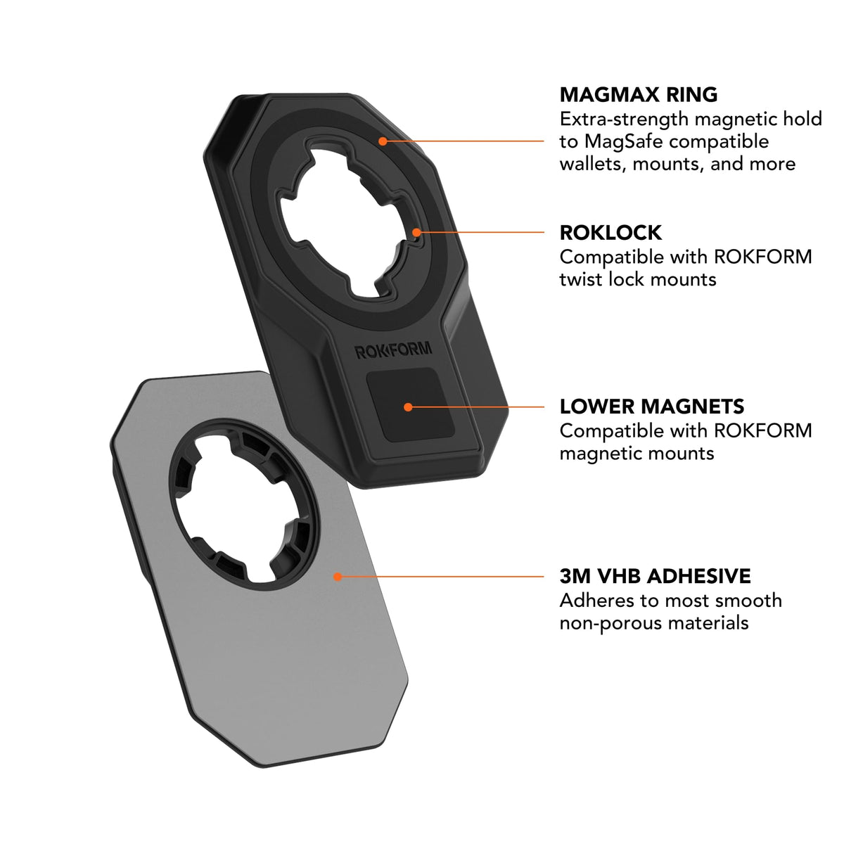 Rokform Universal Adapter, Twist Lock and Mag Safe Compatible, Mounts to Almost Any Smartphone, Phone Case, Tablet, or Flat Surface with 3M VHB