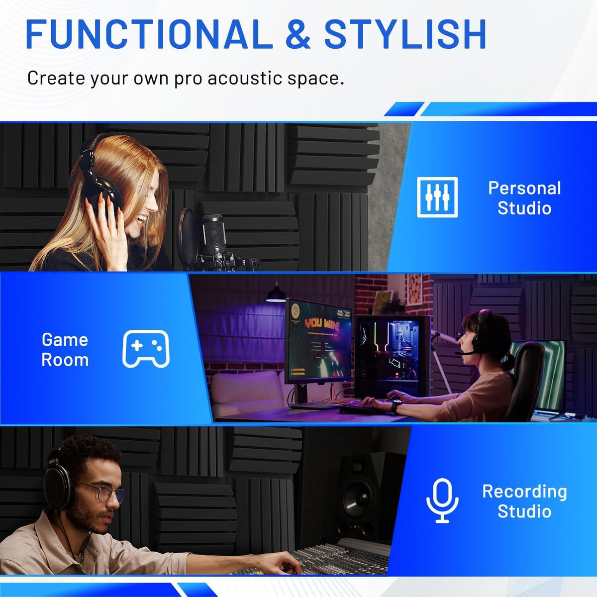 Focusound 36 Pack Curved Acoustic Foam Panels 3" x 12" x 12" Sound Proof Foam Panels Soundproofing Noise Cancelling Wedge Panels for Home Office Recoding Studio with 240 PCS Double-Side Adhesive