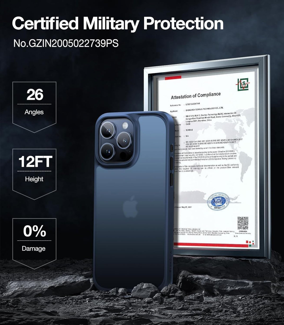 TORRAS Shockproof iPhone 12/12 Pro Case - Military Grade Drop Tested, Translucent Matte Hard PC Back, Blue