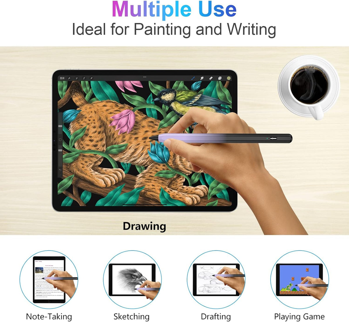 Stylus Pen for iPad 2018-2023 with Palm Rejection, Active Pencil for iPads 10th/9th/8th/7th/6th Gen, for iPad Pro11/12.9 inch, for iPads Air 5th/4th/3th, for iPad Mini 6th/5th Gen(Black and Purple)