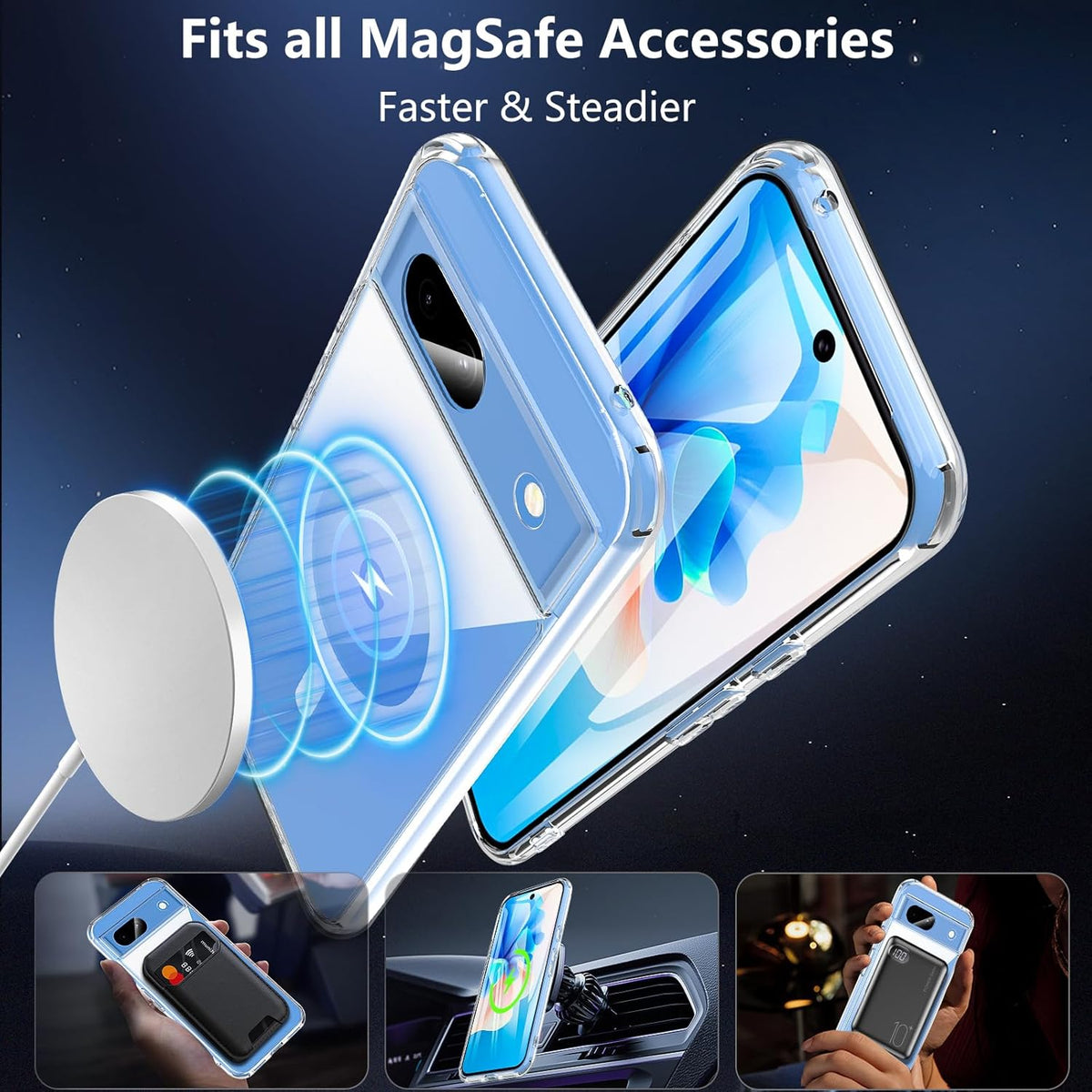 Hensinple Magnetic Case for Google Pixel 8A, Clear Slim Shockproof Cover with Screen Protector, Compatible with MagSafe.