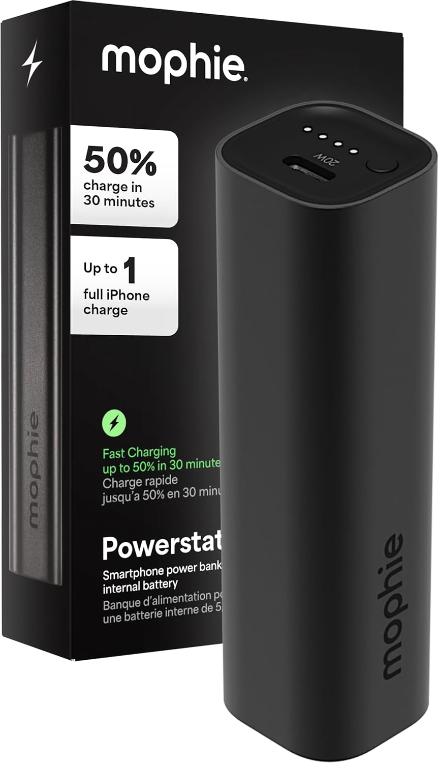 Mophie Powerstation Mini 5,000mAh Portable Power Bank (Gen 3) – Ultra-Fast USB-C PD, 20W Output, Up to One Full Phone Charge, Pocket-Sized, LED Indicator, Includes USB-C Cable, Black