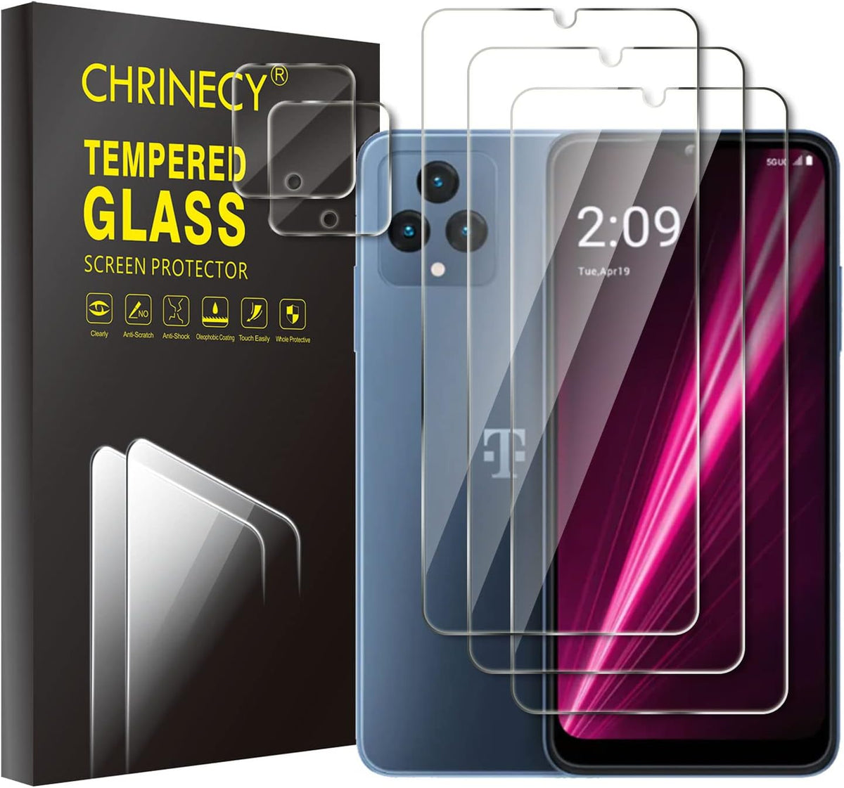 [3+2 Pack] Screen Protector for T-Mobile Revvl 6 with 2 Pack Camera Lens Protector, 9H Hardness, Anti-Scratch, Case