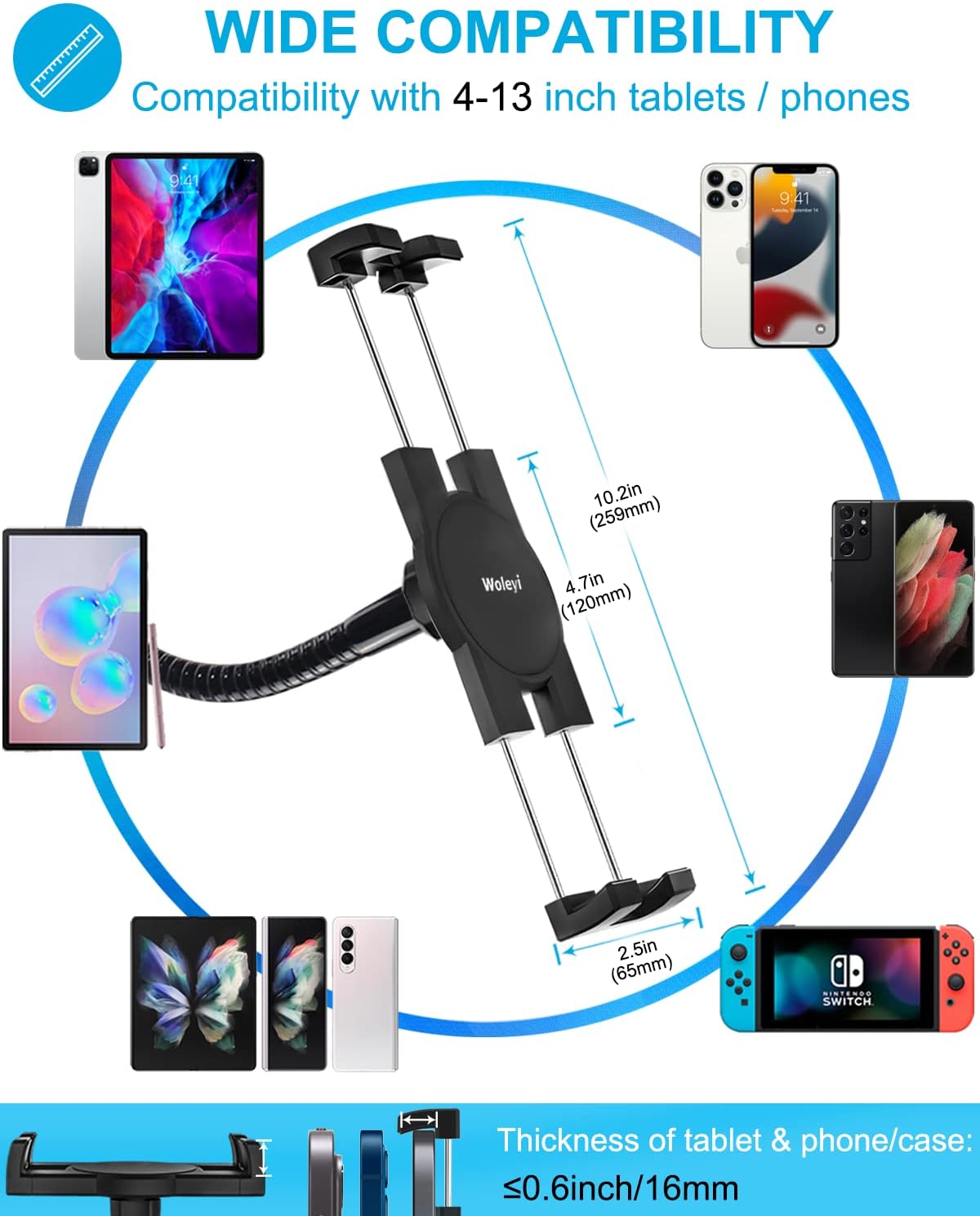 woleyi Gooseneck Tablet Holder Mount, Heavy Duty Desk/Bed Tablet Stand, Flexible Arm Clip for iPad Pro Air Mini, Galaxy Tab/Z Fold, Fire HD, Surface Pro/Go, Switch, iPhone and More 4.7-13" Devices