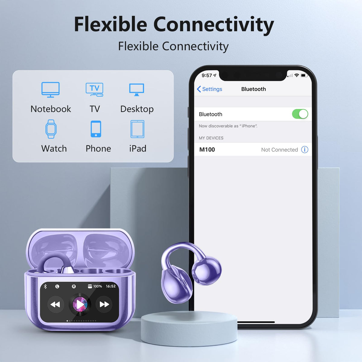 TANFESO Ultra Open Ear Headphones Bluetooth 5.4 Wireless Clip On Earbuds with Digital Display Charging Case 60 Hours Playtime Sport Earphones Built-in
