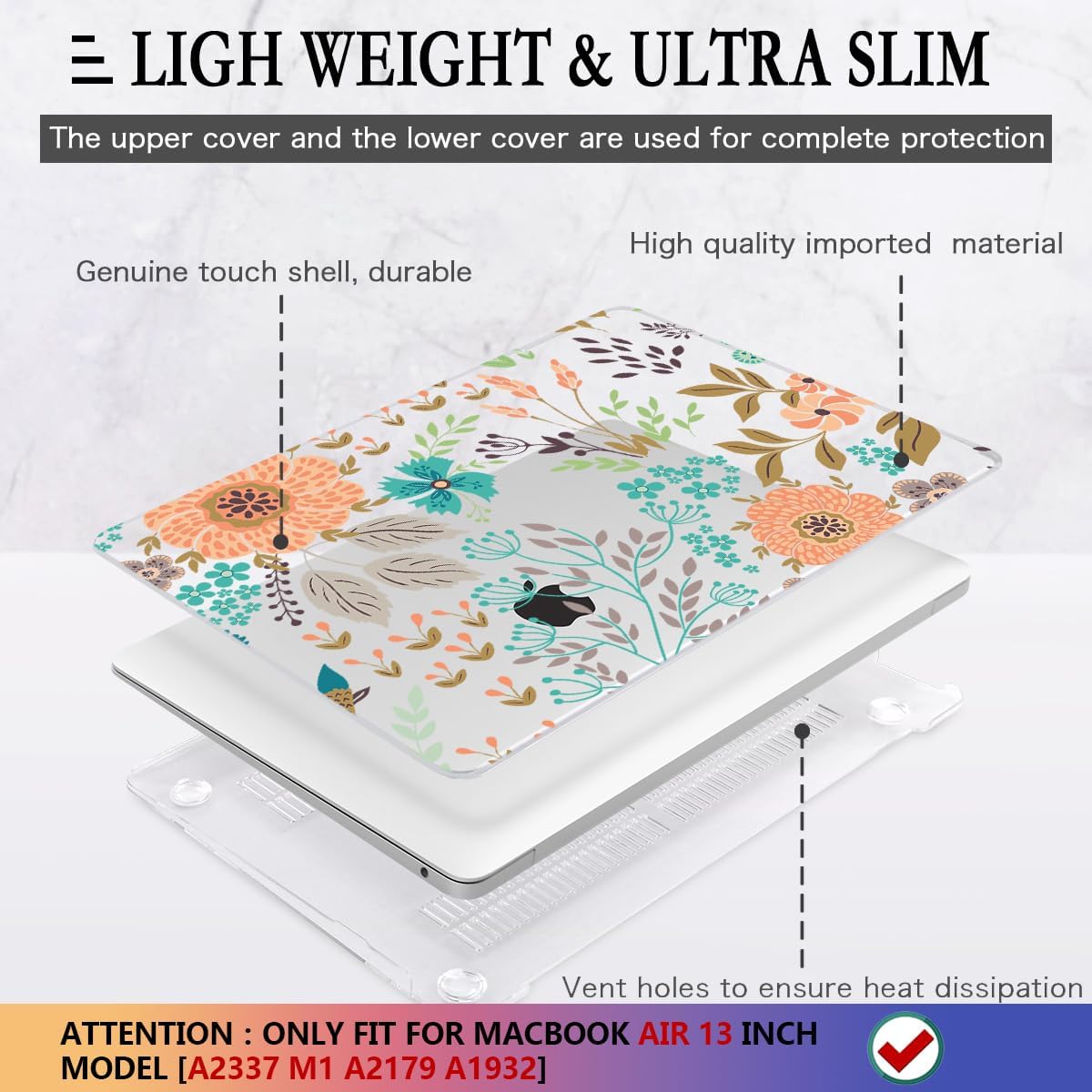 CISSOOK Case for MacBook Air 13 inch 2021 2020 2019 2018 Release Model A2337 M1 A2179 A1932, Orange Flowers Hard Shell Case with Keyboard Cover + Screen Protector for MacBook Air 13" with Touch ID