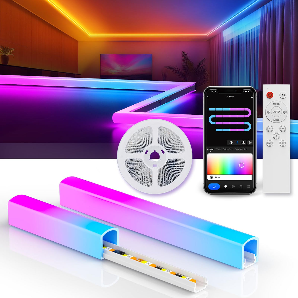 Smart LED Strip Lights with Covers 16.4ft, RGB+WW+CW Strip Light Compatible with Alexa, Cove Lighting with Diffuser Channel, Decor for Under Cabinet