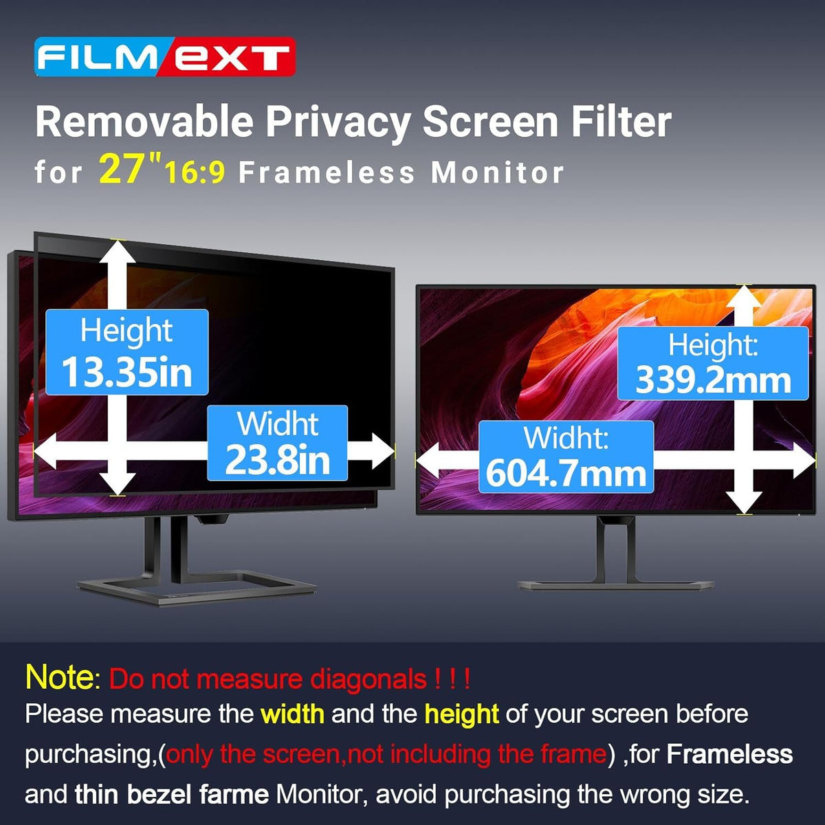 FILMEXT [2023 Upgrade 27 Inch Removable Privacy Screen Filter for 16:9 All-in-One Desktop/Frameless Computer Monitor, Bubble Free Anti Spy Blue Light Filter for Computer