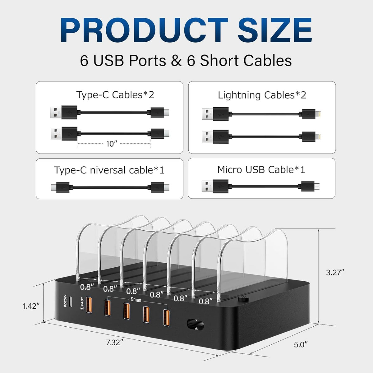 Charging Station for Multiple Devices: 68W 6 Port 20W Fast Phone Charger Dock with 6 Cables, Compatible with Apple Cellphone iPad iPhone Tablet and Other Electronic (Black)